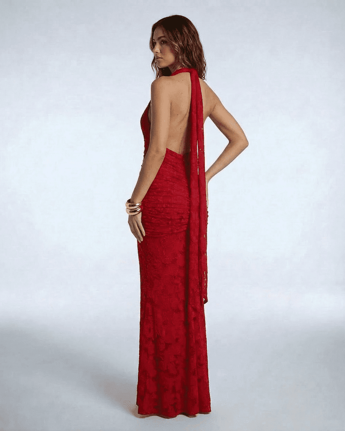 Onii Maxi Dress, red ankle-length, V neck, mermaid silhouette by RAMBLION, perfect for formal events with bold allure.