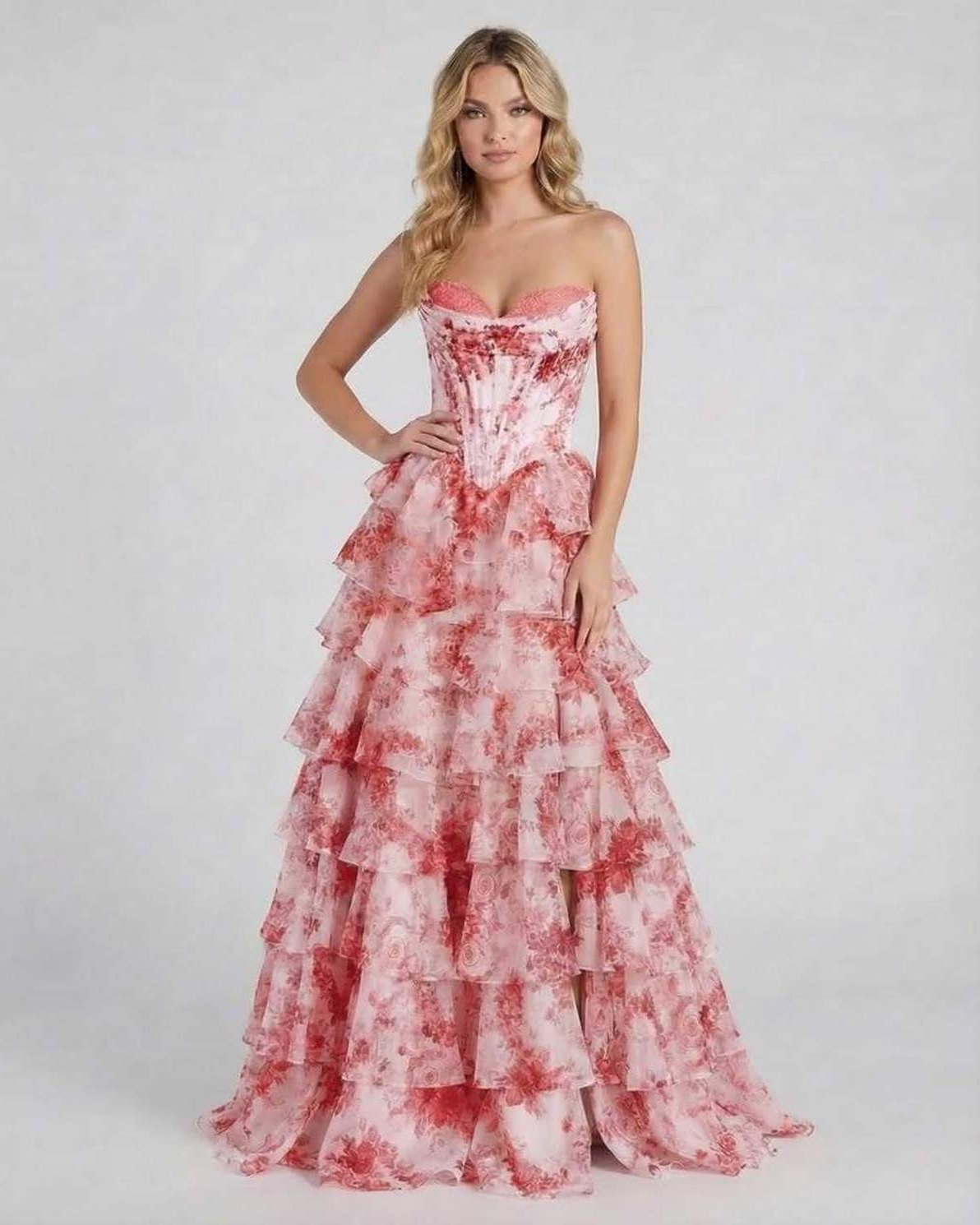 Roma Maxi Dress by RAMBLION, red satin strapless gown with high slit and tiered layers, perfect for elegant occasions.