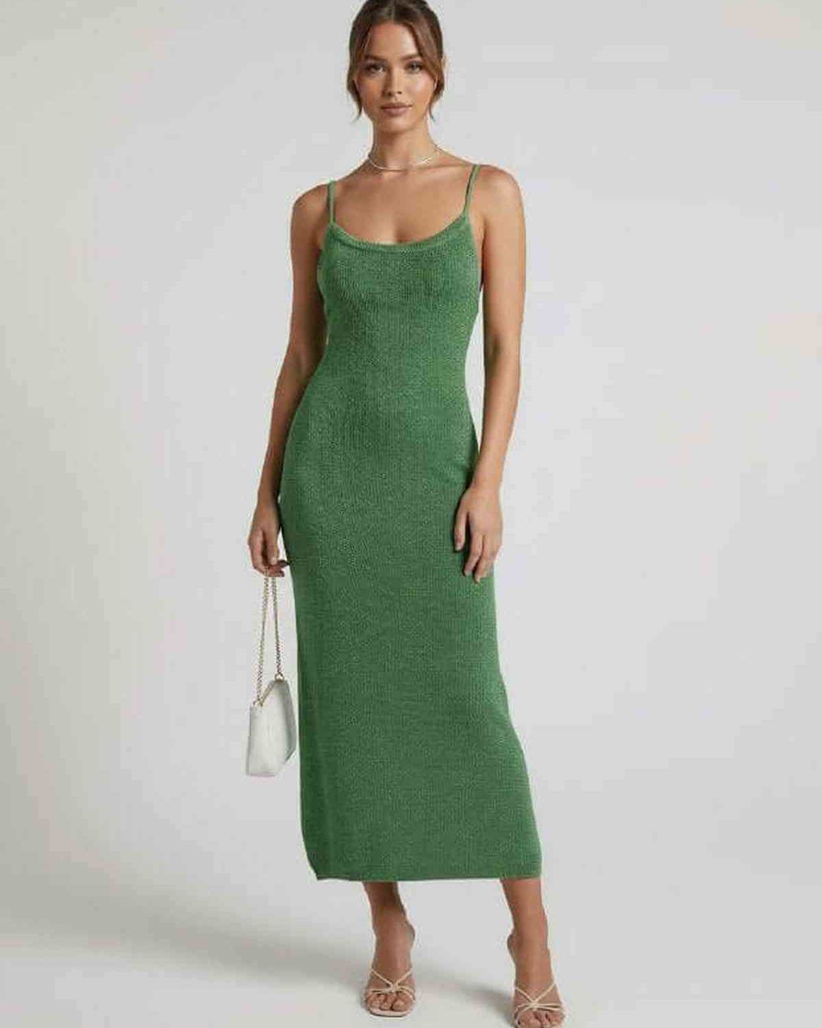 Green Cotton Bodycon Round Neck Sleeveless Midi Dress | Gala Nights, Party Nights, Day-to-Night & Casual Wear, front view | R | SKU: VMD-742195683-green-L-4596,VMD-742195683-green-M-8710,VMD-742195683-green-S-9109,VMD-742195683-green-XL-9543,VMD-742195683-green-XS-3658