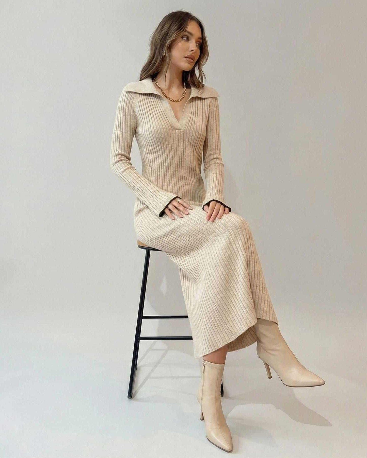 Beige A-line V-Neck Long Sleeve Midi Dress | Gala Nights & Casual Outings, side view | Ramblion | SKU: SMD-48291-beige-L-9586-3765,SMD-48291-beige-M-3688-3730,SMD-48291-beige-S-9230-4166,SMD-48291-beige-XL-7412-8662,SMD-48291-beige-XS-3942-234