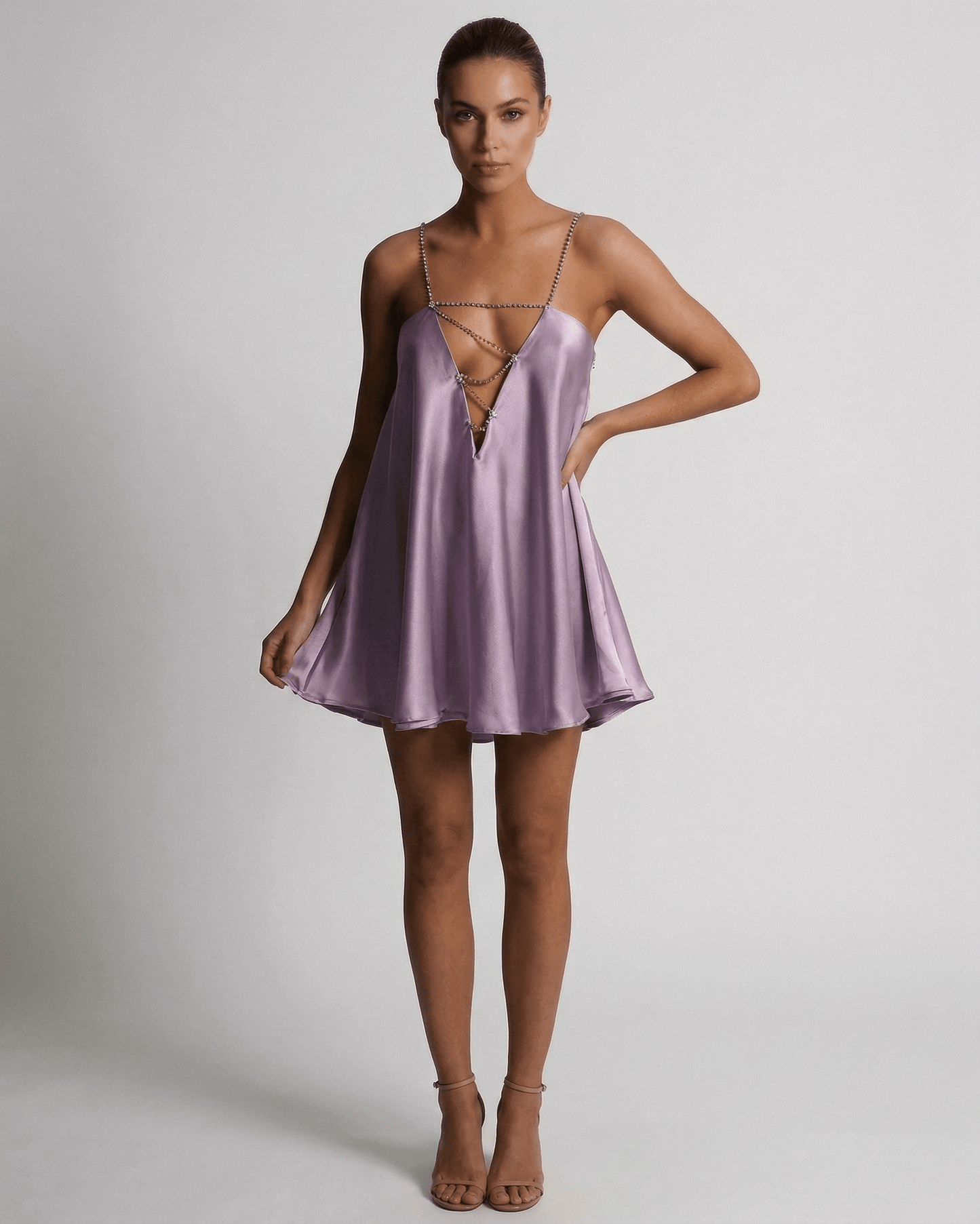 Lilac Satin A-line V-Neck Sleeveless Mini Dress | Prom, Party Nights, Daily Wear & Brunch, front view | Ramblion | SKU: LMD-945672381-lilac-L-9474,LMD-945672381-lilac-M-9695,LMD-945672381-lilac-S-6405,LMD-945672381-lilac-XL-9386,LMD-945672381-lilac-XS-5038