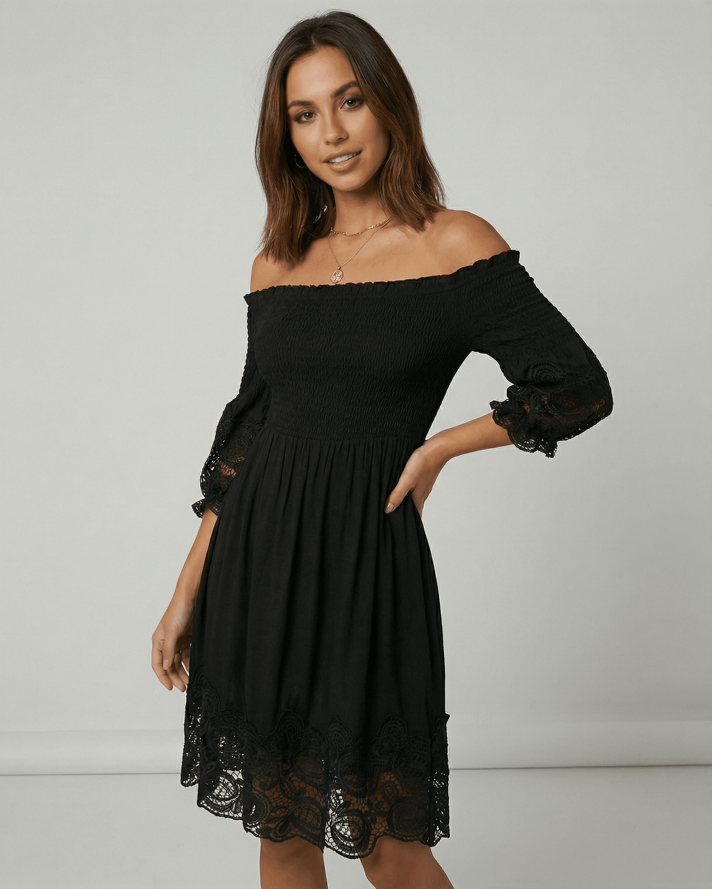 Black A-line Round Neck 3/4 Sleeve Midi Dress | Prom, Cocktail Hour, Wedding Guest & Everyday Wear, front view | Ramblion | SKU: SMD-48291-black-L-4918-4609,SMD-48291-black-M-5215-4886,SMD-48291-black-S-2451-4944,SMD-48291-black-XL-7377-7761,SMD-48291-black-XS-8931-3673