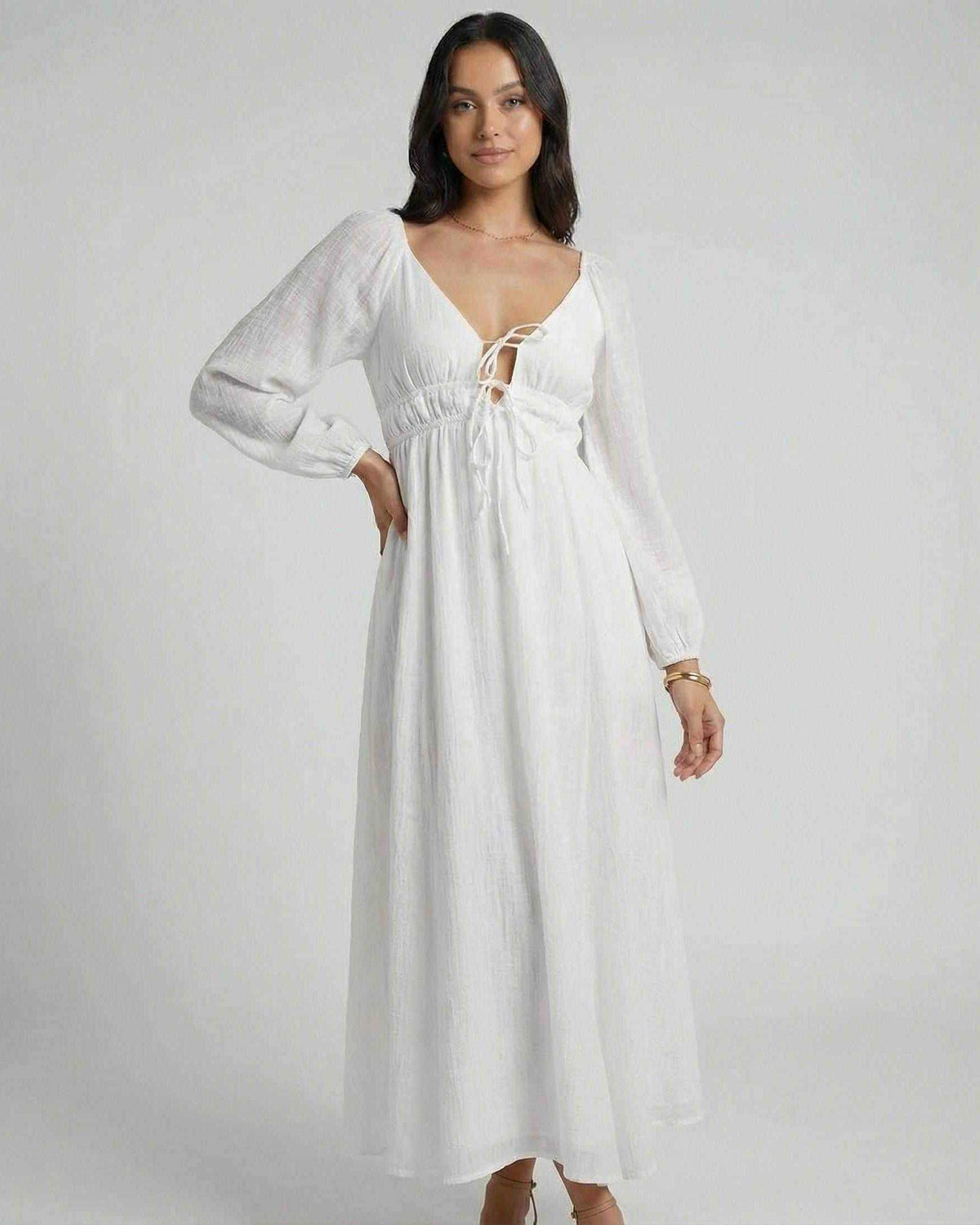 White Cotton Gown V-Neck Sleeveless Maxi Dress | Wedding Guest, front view | Ramblion | SKU: CMD-73942-white-L-8187,CMD-73942-white-M-4558,CMD-73942-white-S-6049,CMD-73942-white-XL-434,CMD-73942-white-XS-7250