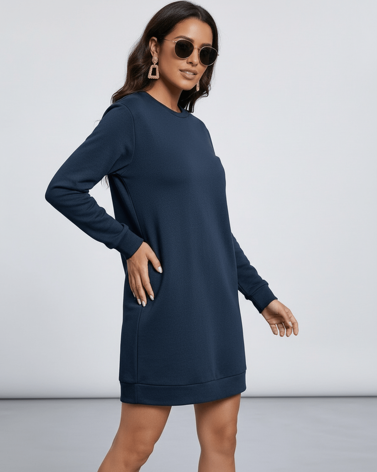 Navy Cotton Bodycon Round Neck Long Sleeve Mini Dress | Night Out & Bridal Showers, side view | Ramblion | SKU: NMD-581294736-navy-L-5616,NMD-581294736-navy-M-8642,NMD-581294736-navy-S-4187,NMD-581294736-navy-XL-6236,NMD-581294736-navy-XS-3843