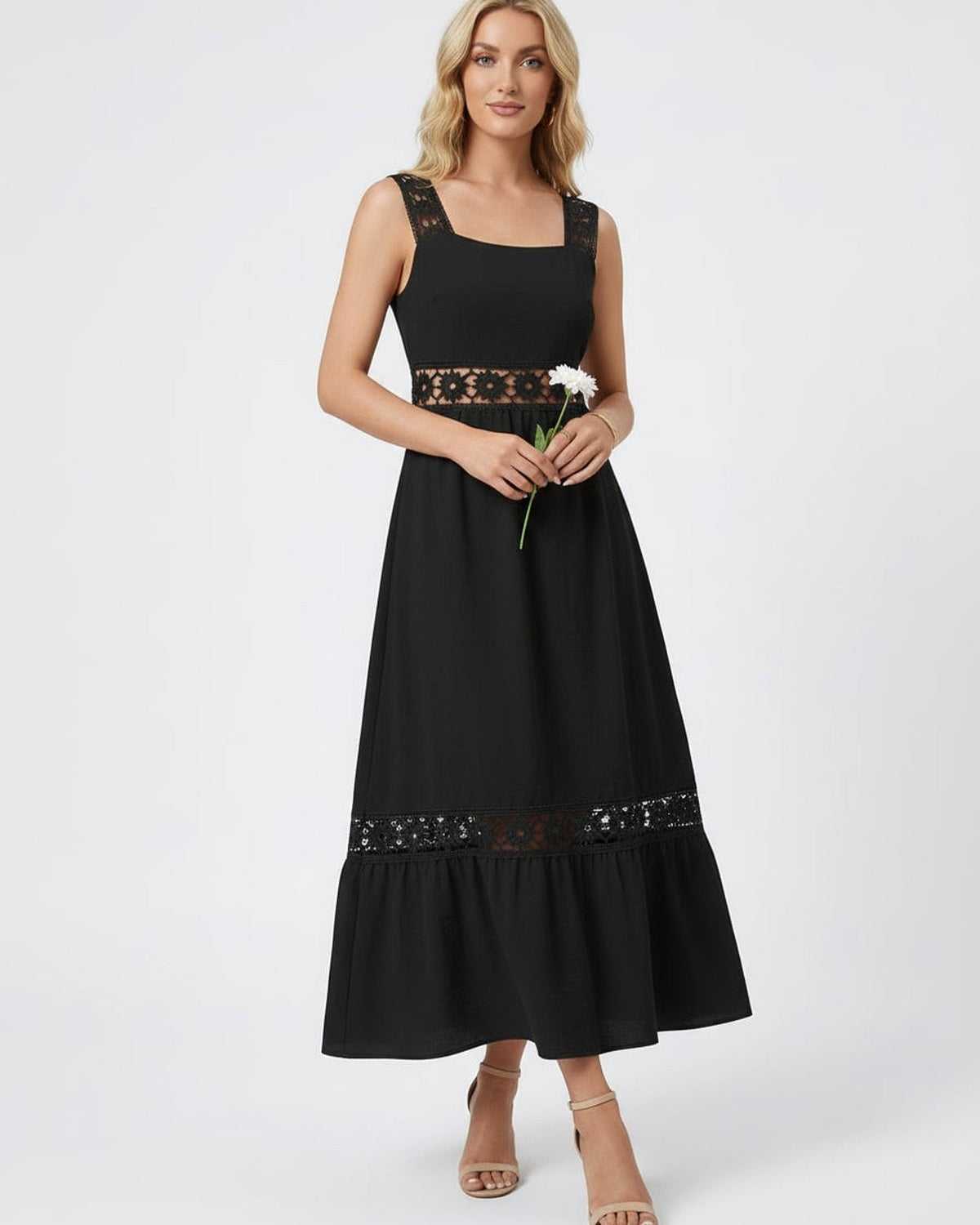 Black Cotton A-line Square Neck Sleeveless Midi Dress | Prom, Evening Parties, Daily Wear & Casual Wear, front view | Ramblio | SKU: CMD-591273846-black-L-2278,CMD-591273846-black-M-9881,CMD-591273846-black-S-1911,CMD-591273846-black-XL-8902,CMD-591273846-black-XS-7584