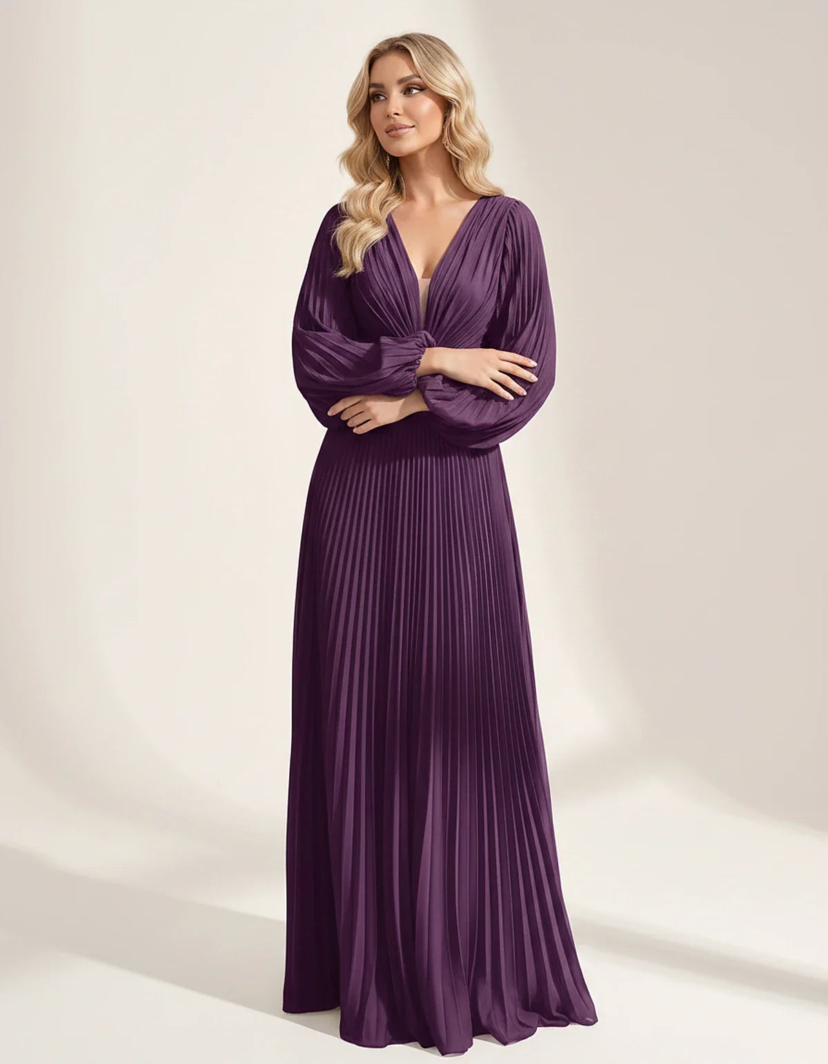 Pleated Chiffon Long Sleeve Deep V-Neck A-Line Maxi Dress for Party, Cocktail, Evening, Wedding Guest & Summer Events, front | SKU: AMD-583917462850174-PURPLE-L,AMD-583917462850174-PURPLE-M,AMD-583917462850174-PURPLE-S,AMD-583917462850174-PURPLE-XL,AMD-583917462850174-PURPLE-XS