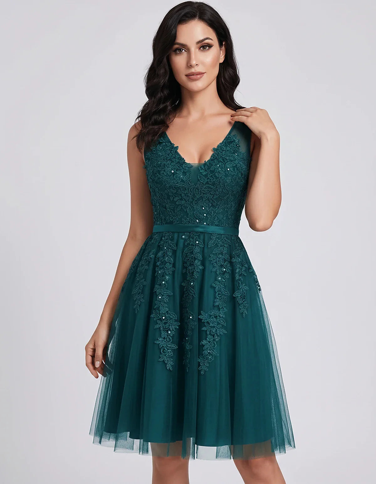 Tulle Lace Appliqué Sleeveless V-Neck A-Line Mini Dress for Party, Cocktail, Evening, Wedding Guest, Summer Events, front vie | SKU: AMD-583947261840157-TEAL-L,AMD-583947261840157-TEAL-M,AMD-583947261840157-TEAL-S,AMD-583947261840157-TEAL-XL,AMD-583947261840157-TEAL-XS