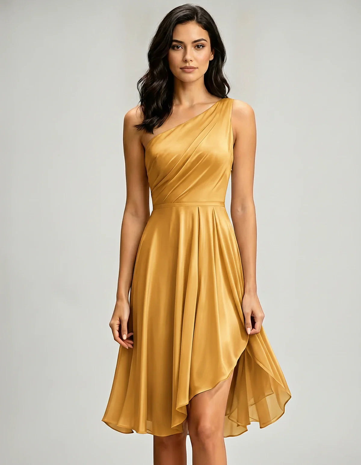 Polyester Satin Sleeveless One-Shoulder Asymmetrical Midi Dress for Party, Cocktail, Evening, Wedding Guest & Summer Events i