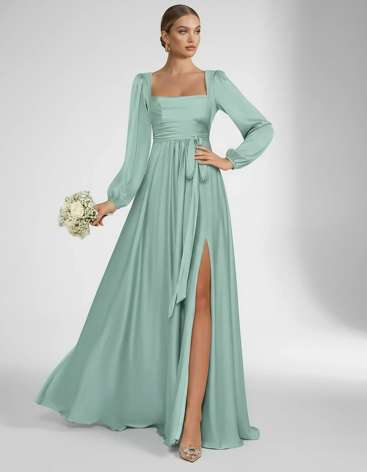 Satin Long Sleeve Square Neck A-Line Maxi Dress with Side Slit for Bridesmaid, Party, Cocktail, Evening, Wedding Guest & Summ | SKU: AMD-864521903781546-MINT-L,AMD-864521903781546-MINT-M,AMD-864521903781546-MINT-S,AMD-864521903781546-MINT-XL,AMD-864521903781546-MINT-XS