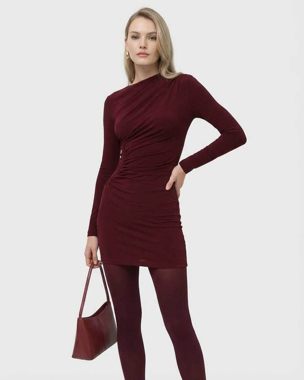 Burgundy Bodycon Round Neck Long Sleeve Mini Dress | Gala Nights & Evening Parties, front view | Ramblion | SKU: BMD-73952-burgundy-L-2091,BMD-73952-burgundy-M-3798,BMD-73952-burgundy-S-7545,BMD-73952-burgundy-XL-1753,BMD-73952-burgundy-XS-2724