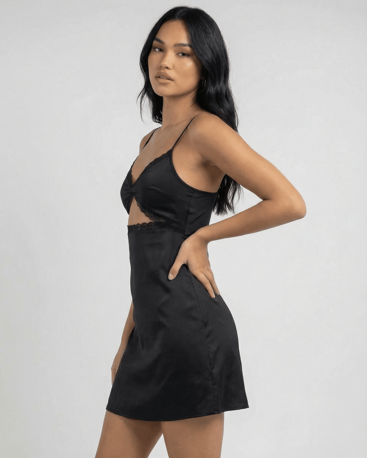 Black Satin Gown V-Neck Sleeveless Mini Dress | Formal Events, Evening Parties, Daily Wear & Brunch, side view | Ramblion | SKU: SMD-94218-black-L-8439,SMD-94218-black-M-4245,SMD-94218-black-S-1412,SMD-94218-black-XL-7177,SMD-94218-black-XS-7680