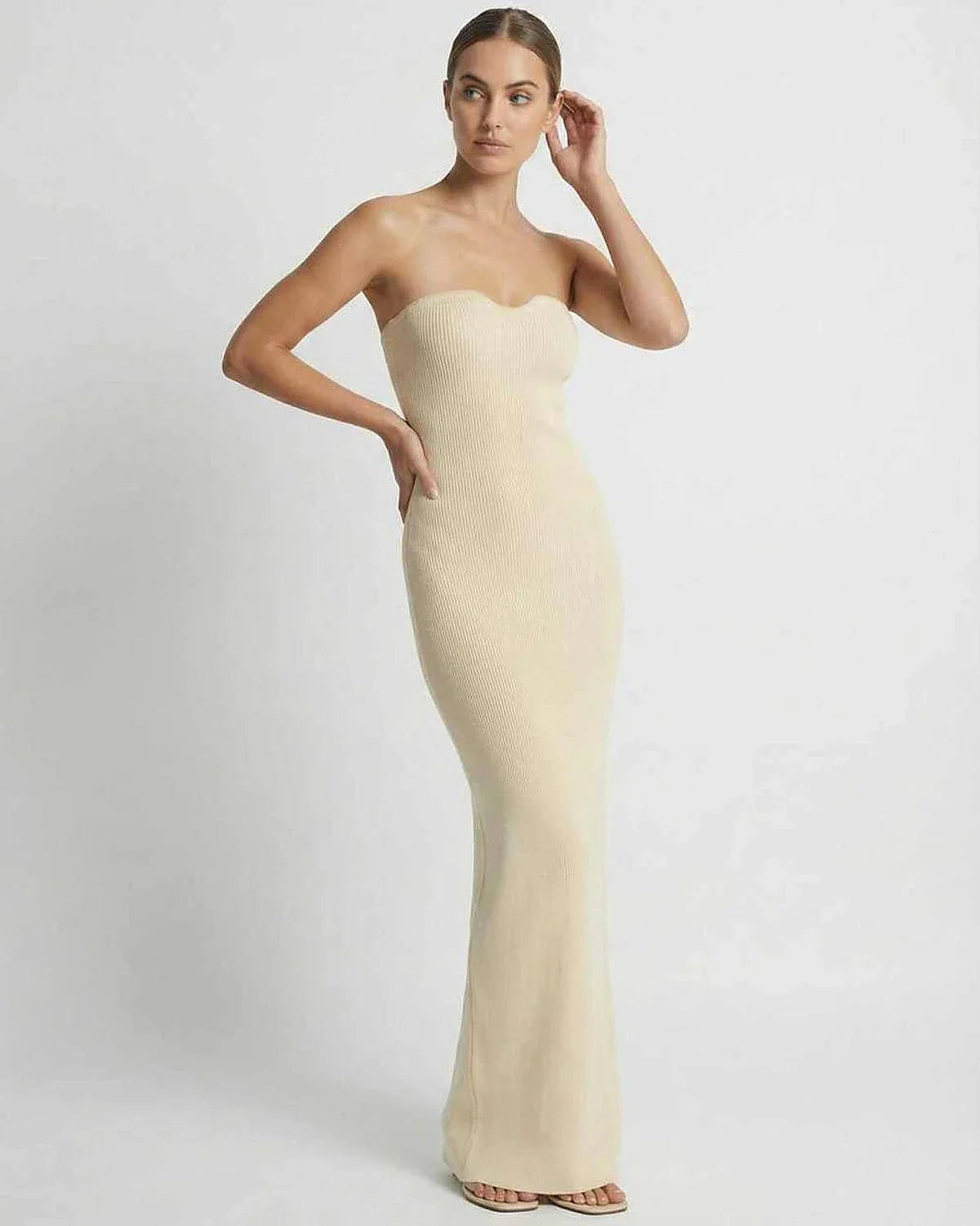 Beige Satin Gown Strapless Maxi Dress | Bridal Showers, front view | Ramblion | SKU: AMD-830471629-beige-L-9761,AMD-830471629-beige-M-3917,AMD-830471629-beige-S-9747,AMD-830471629-beige-XL-680,AMD-830471629-beige-XS-8519