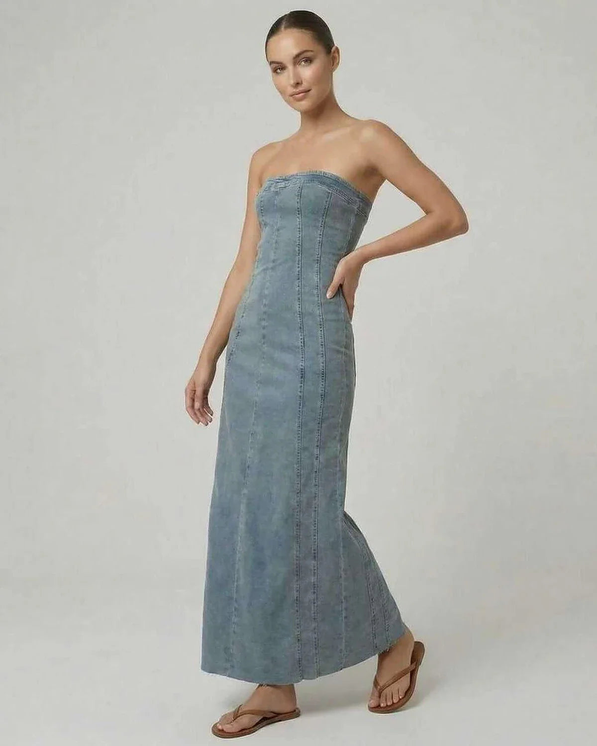 Blue Cotton Gown Strapless Midi Dress | Prom & Casual Outings, side view | Ramblion | SKU: DMD-83274-denim-L-6315,DMD-83274-denim-M-2517,DMD-83274-denim-S-5108,DMD-83274-denim-XL-5949,DMD-83274-denim-XS-3367