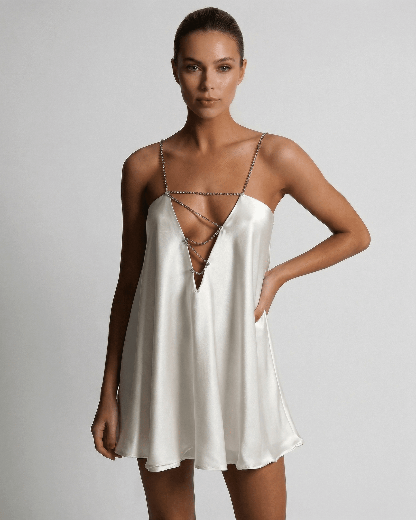 Ivory Satin A-line V-Neck Sleeveless Mini Dress | Black-Tie Events, Party Nights & Day-to-Night, front view | Ramblion | SKU: AMD-927364851-ivory-L-4583,AMD-927364851-ivory-M-1740,AMD-927364851-ivory-S-3266,AMD-927364851-ivory-XL-1873,AMD-927364851-ivory-XS-8549
