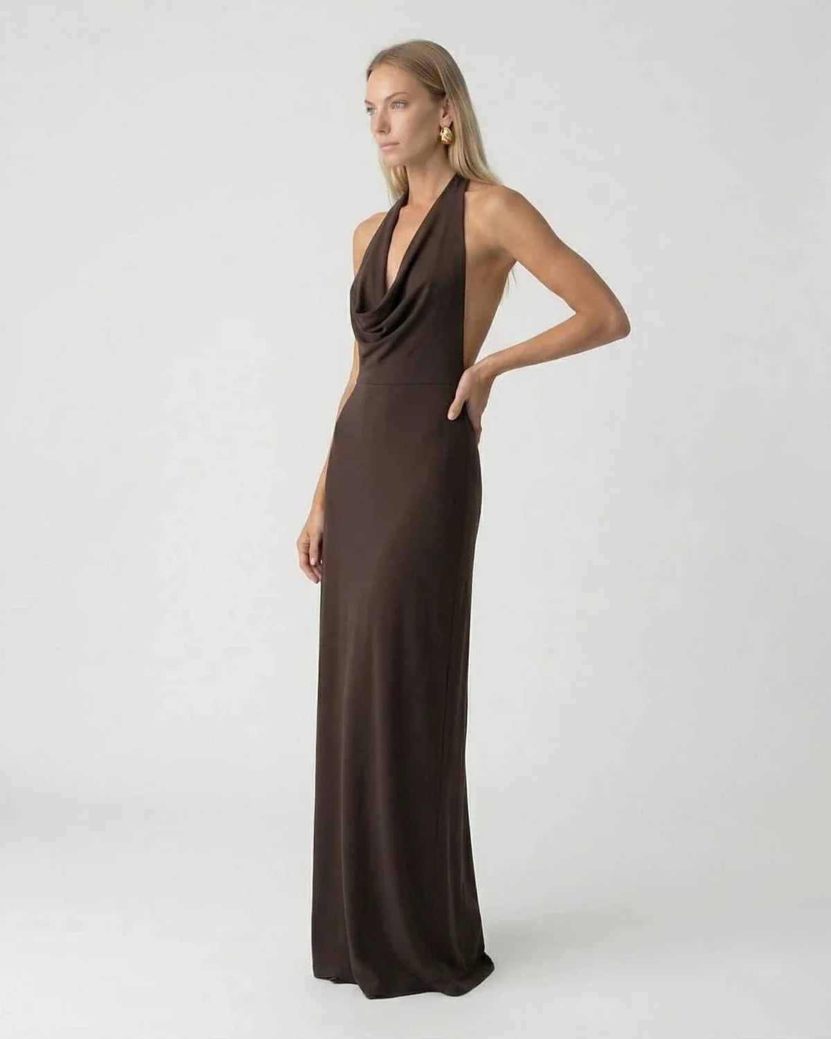 Brown Satin Slip Halter Sleeveless Maxi Dress | Prom & Night Out, side view | Ramblion | SKU: MMD-90537-brown-L-6315,MMD-90537-brown-M-9909,MMD-90537-brown-S-823,MMD-90537-brown-XL-7567,MMD-90537-brown-XS-6709