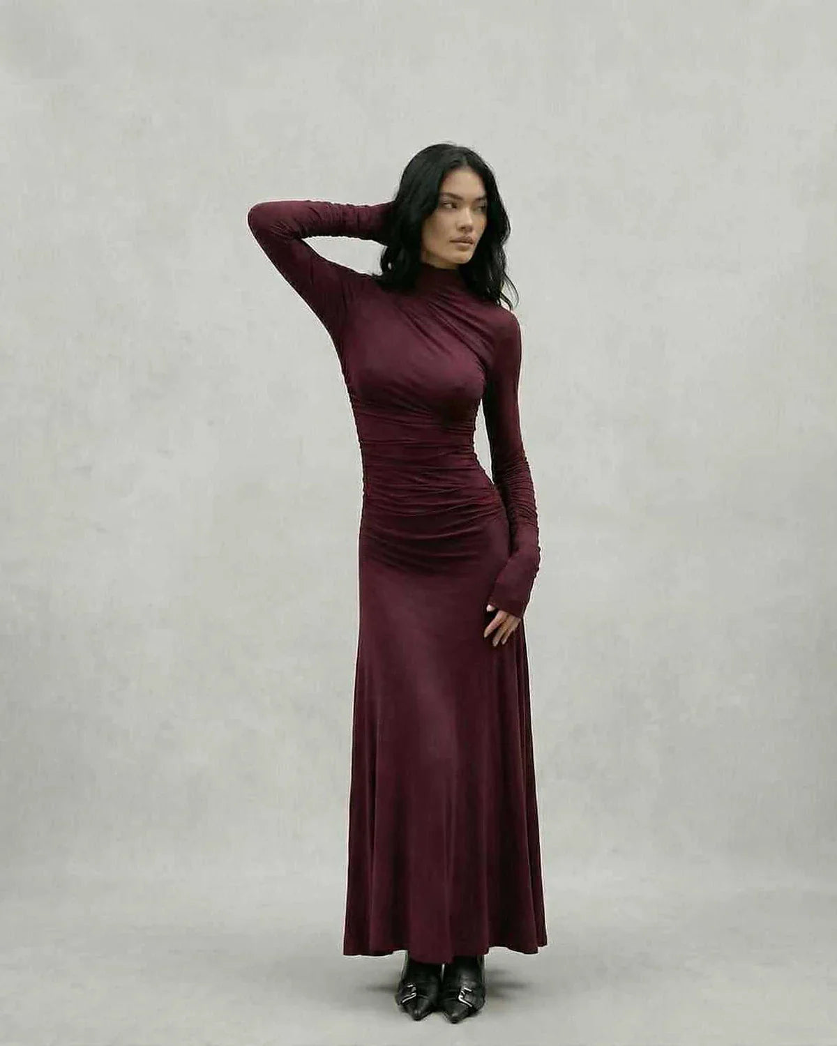 Burgundy Gown Round Neck Long Sleeve Maxi Dress | Prom & Cocktail Parties, front view | Ramblion | SKU: CMX-18427-burgundy-L-2506,CMX-18427-burgundy-M-2722,CMX-18427-burgundy-S-6676,CMX-18427-burgundy-XL-7479,CMX-18427-burgundy-XS-9999