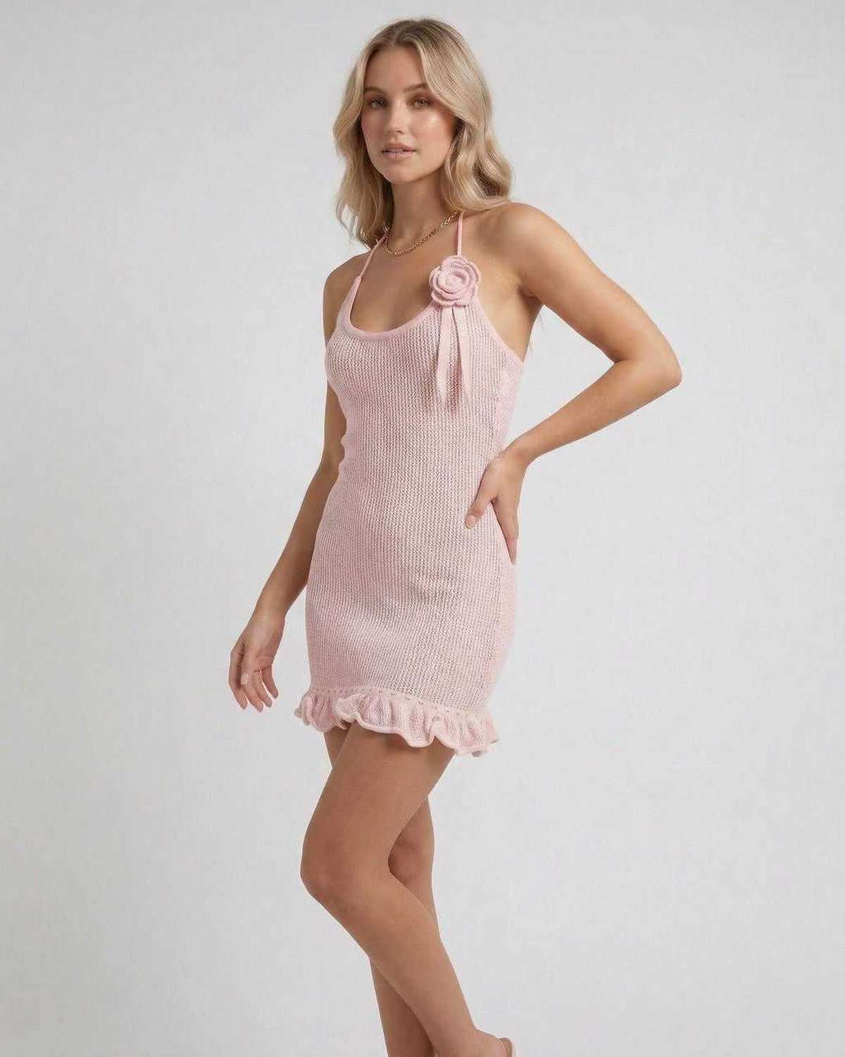 Pink Slip Halter Sleeveless Mini Dress | Gala Nights, Party Nights, Everyday Wear & Casual Wear, front view | Ramblion | SKU: ISL-573829104-pink-L-9041,ISL-573829104-pink-M-9442,ISL-573829104-pink-S-6988,ISL-573829104-pink-XL-6830,ISL-573829104-pink-XS-6373