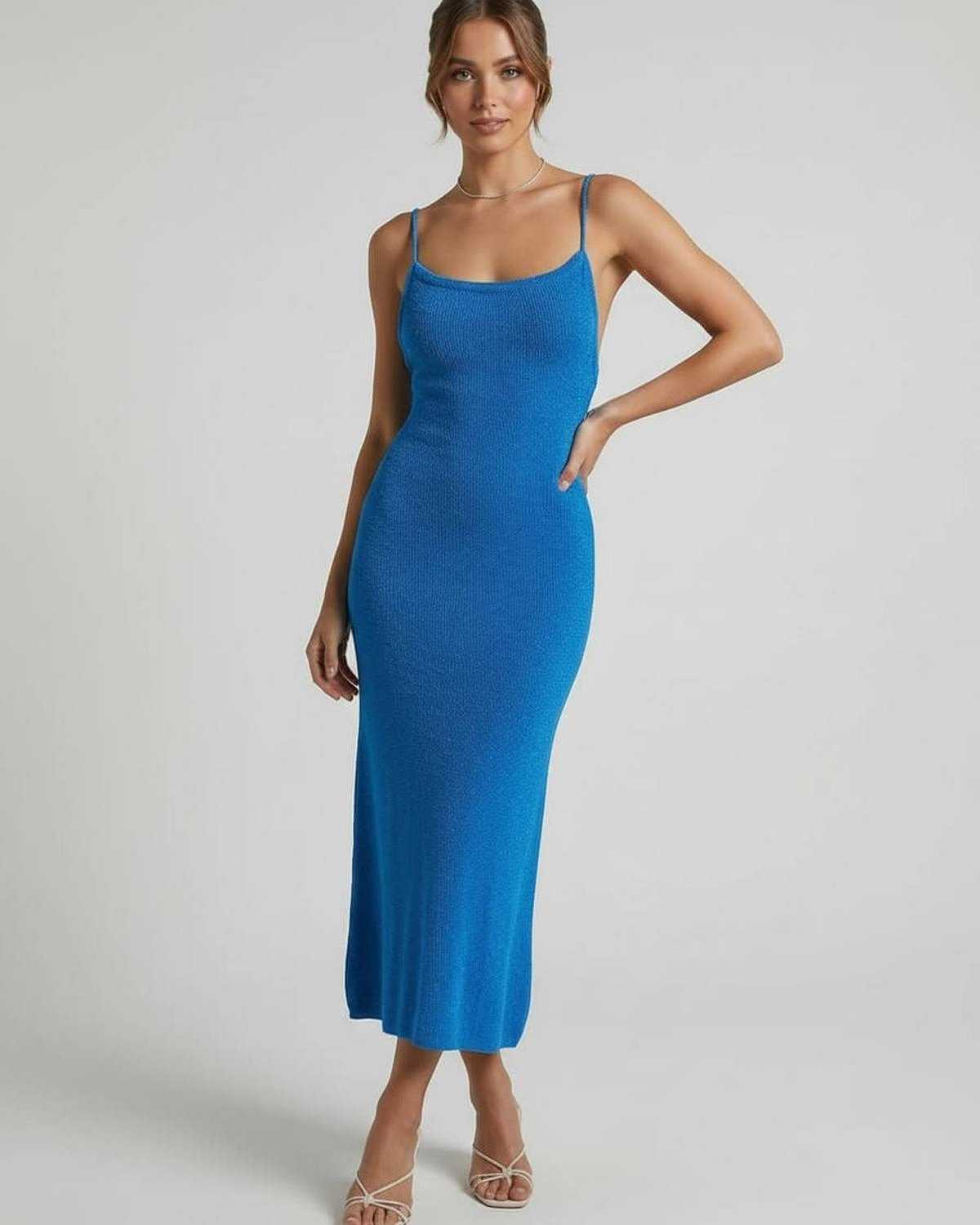 Blue Cotton Slip Round Neck Sleeveless Midi Dress | Wedding Season, front view | Ramblion | SKU: AMD-571904826-blue-L-7708,AMD-571904826-blue-M-9771,AMD-571904826-blue-S-5837,AMD-571904826-blue-XL-4262,AMD-571904826-blue-XS-9234