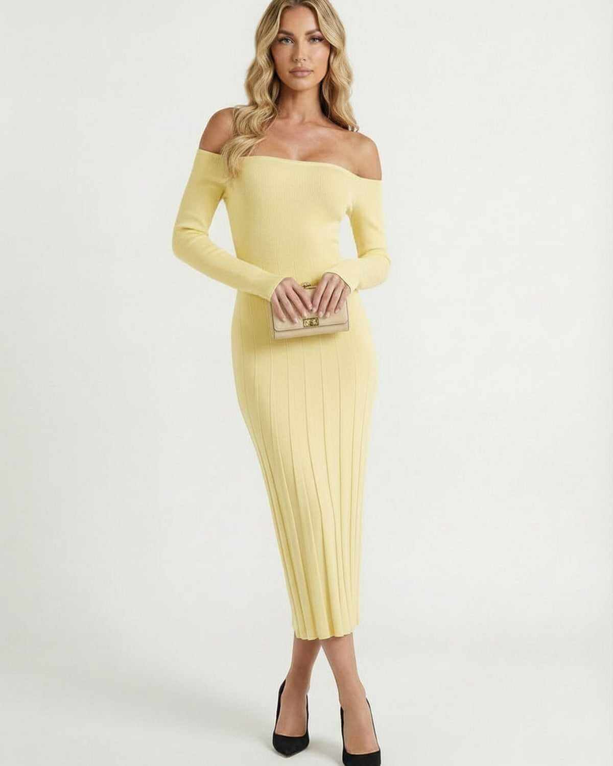 Yellow Bodycon Round Neck Long Sleeve Midi Dress | Gala Nights & Day-to-Night, front view | Ramblion | SKU: SMD-374829105-yellow-L-9744,SMD-374829105-yellow-M-971,SMD-374829105-yellow-S-4640,SMD-374829105-yellow-XL-6197,SMD-374829105-yellow-XS-7627