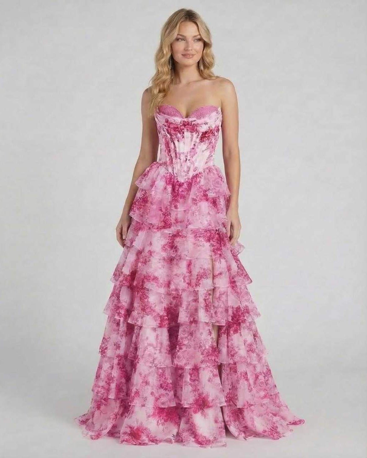 Cane Maxi Dress by RAMBLION, pink satin strapless gown with ruffles, perfect for romantic occasions.