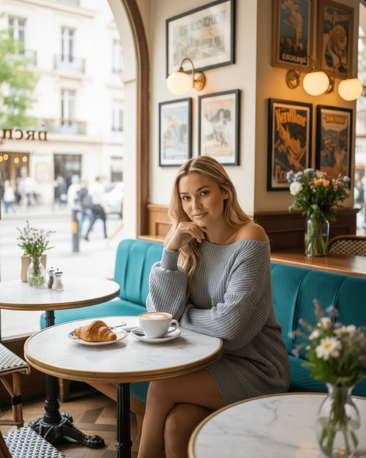 Young woman in a soft gray Cari Mini Dress seated in a café with coffee and croissant, exuding chic style.