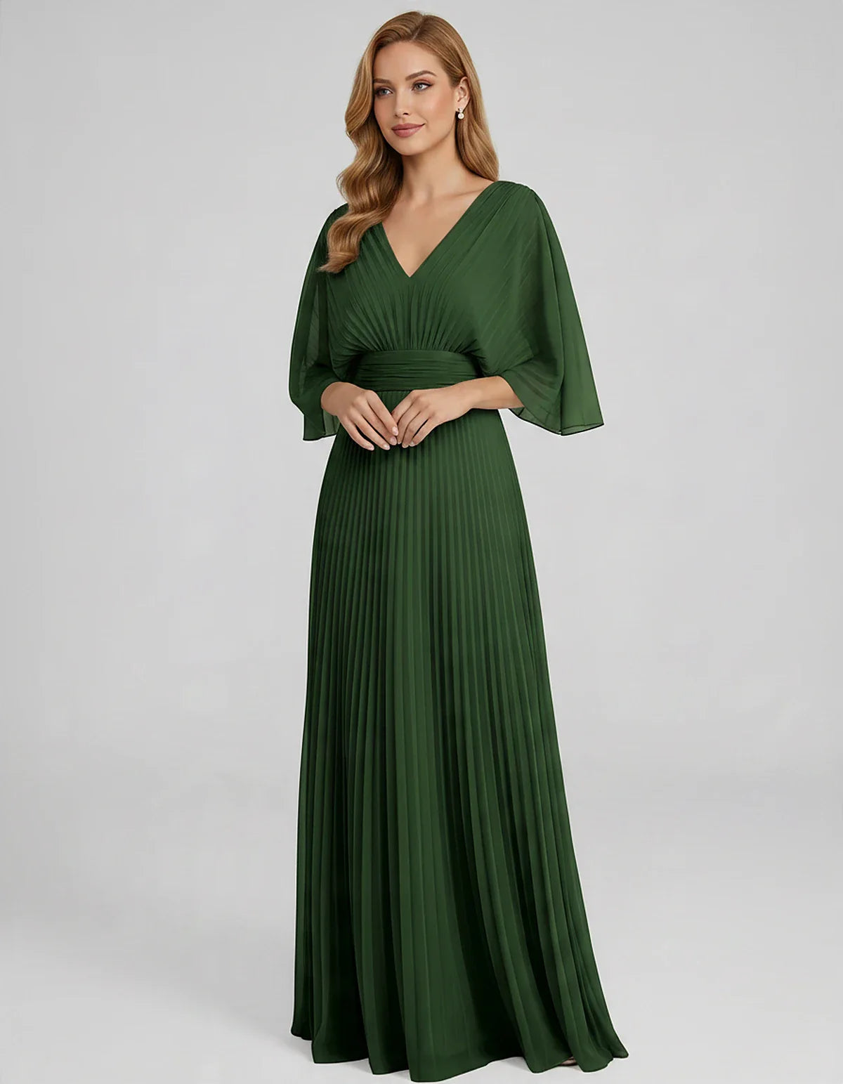 Pleated Chiffon 3/4 Sleeve V-Neck A-Line Maxi Dress for Party, Cocktail, Evening, Wedding Guest, Summer Events, front view | | SKU: CMD-583920174618352-EMERALD-L,CMD-583920174618352-EMERALD-M,CMD-583920174618352-EMERALD-S,CMD-583920174618352-EMERALD-XL,CMD-583920174618352-EMERALD-XS