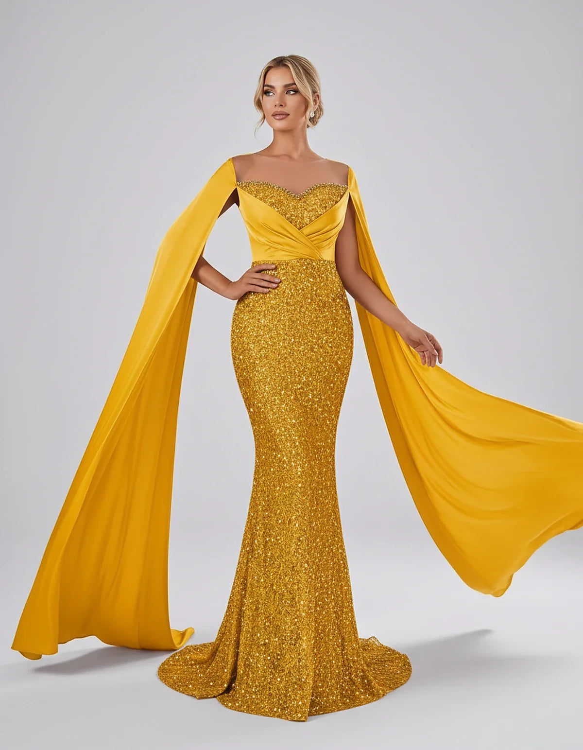Sequin Cape Sleeve Sweetheart Mermaid Maxi Dress for Party, Cocktail, Evening, Wedding Guest, Prom & Summer Events, front vie | SKU: CMD-583920174618352-YELLOW-L,CMD-583920174618352-YELLOW-M,CMD-583920174618352-YELLOW-S,CMD-583920174618352-YELLOW-XL,CMD-583920174618352-YELLOW-XS