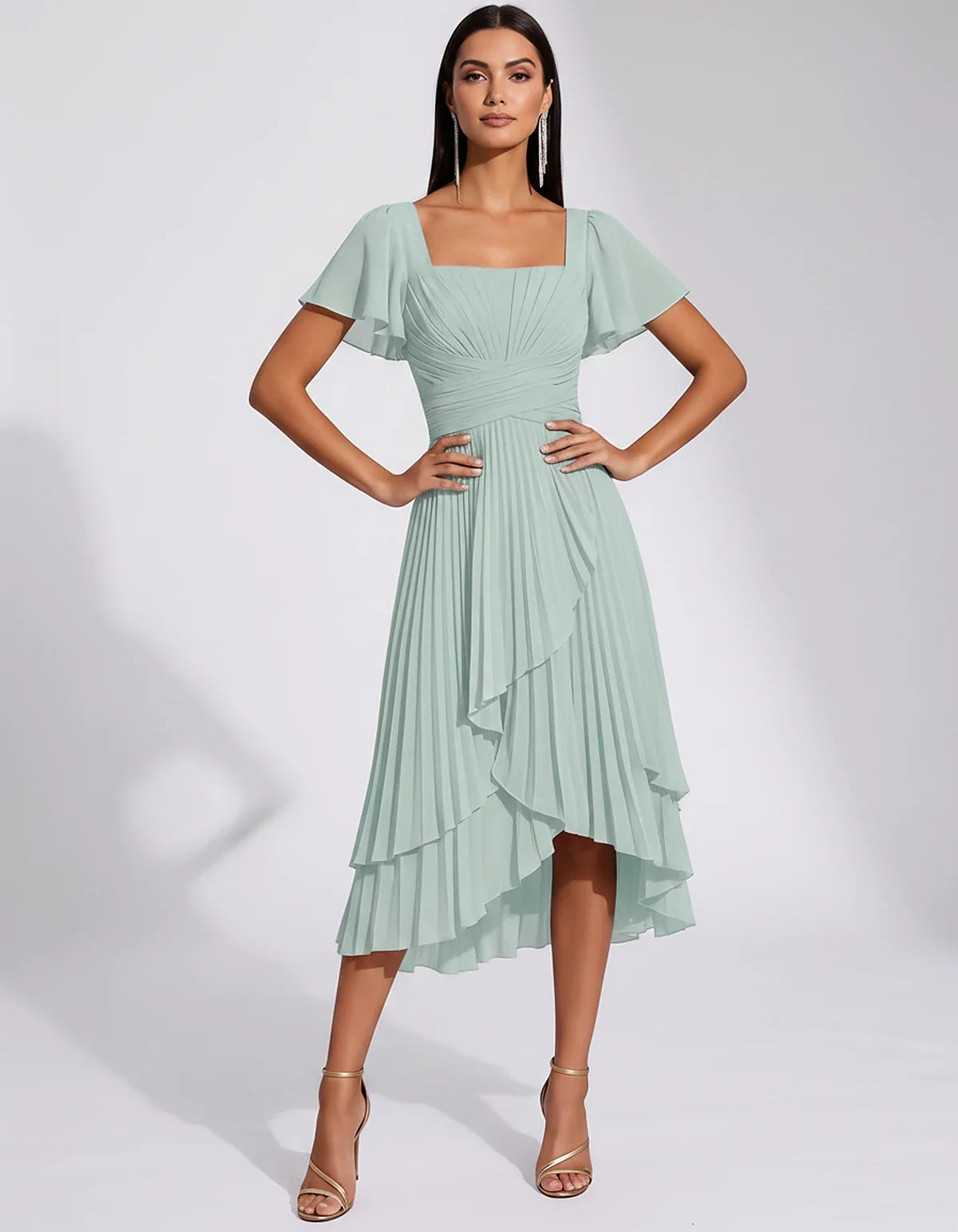 Chiffon Short Flutter Sleeve Square Neck A-Line Pleated Midi Dress for Party Cocktail Evening Wedding Guest Summer Events Ele | SKU: MD-482910375641208-MINT-L,MD-482910375641208-MINT-M,MD-482910375641208-MINT-S,MD-482910375641208-MINT-XL,MD-482910375641208-MINT-XS