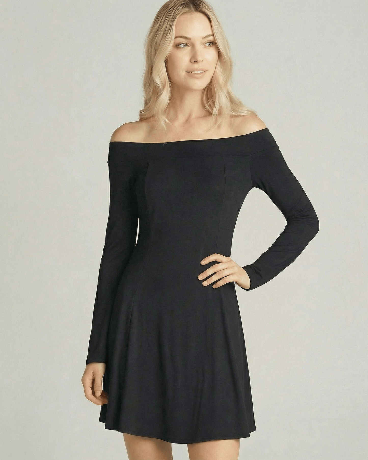 Black Cotton A-line Bardot Neck Long Sleeve Mini Dress | Wedding Season, front view | Ramblion | SKU: VMD-58241-black-L-7643-5749,VMD-58241-black-M-9182-9993,VMD-58241-black-S-5846-1507,VMD-58241-black-XL-5980-6965,VMD-58241-black-XS-7305-5842