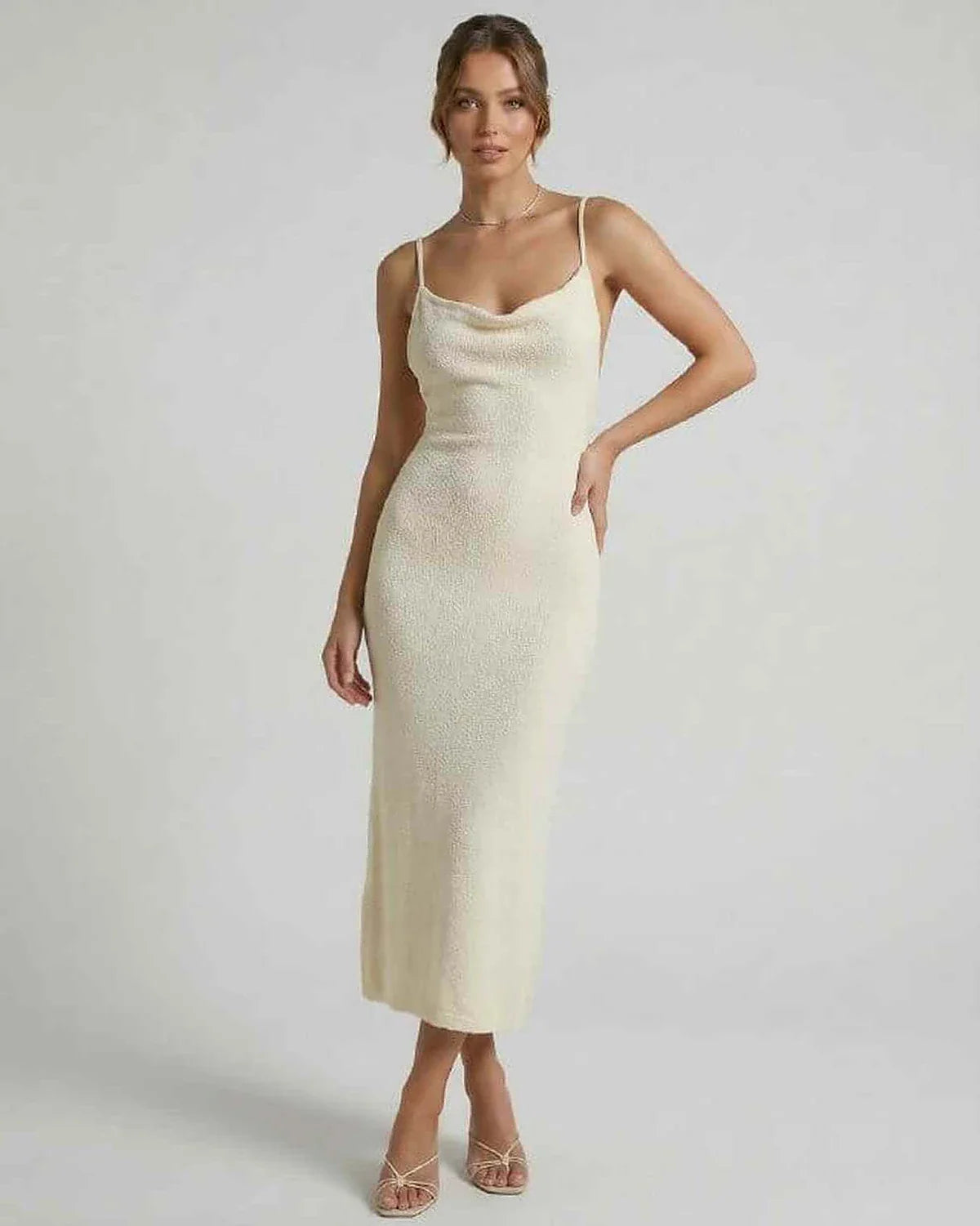 Cream Cotton Slip Round Neck Sleeveless Midi Dress | Wedding Guest, front view | Ramblion | SKU: EMD-618475293-cream-L-6688,EMD-618475293-cream-M-7505,EMD-618475293-cream-S-2539,EMD-618475293-cream-XL-4273,EMD-618475293-cream-XS-9244