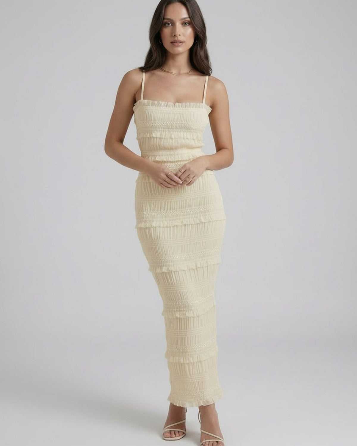 Ivory Satin Slip Square Neck Sleeveless Maxi Dress | Formal Occasions, Celebrations & Everyday Wear, front view | Ramblion | SKU: CMD-591274836-ivory-L-785,CMD-591274836-ivory-M-8562,CMD-591274836-ivory-S-5104,CMD-591274836-ivory-XL-5579,CMD-591274836-ivory-XS-6951