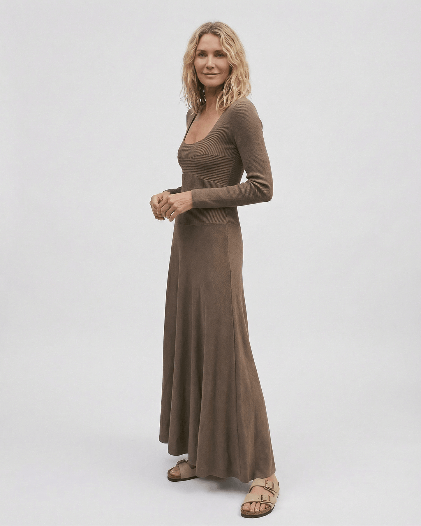 Brown Cotton A-line Square Neck Long Sleeve Maxi Dress | Formal Occasions & Brunch, side view | Ramblion | SKU: SMD-48372-brown-L-5361-4006,SMD-48372-brown-M-4934-5240,SMD-48372-brown-S-3423-5885,SMD-48372-brown-XL-5864-9705,SMD-48372-brown-XS-9659-4737