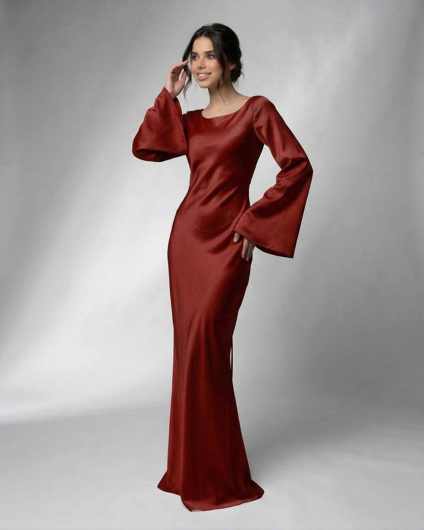 Rust Satin Bodycon Boat Neck Sleeveless Maxi Dress | Guest of Wedding, front view | Ramblion | SKU: RMD-372849105-rust-L-5111,RMD-372849105-rust-M-6203,RMD-372849105-rust-S-2971,RMD-372849105-rust-XL-4041,RMD-372849105-rust-XS-7324
