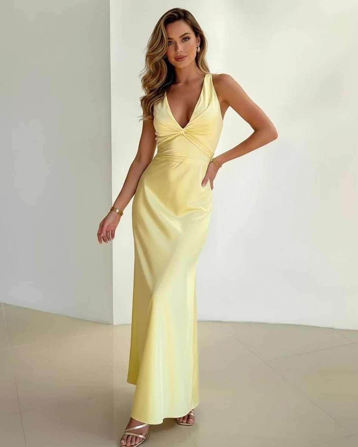 Yellow Satin A-line V-Neck Sleeveless Maxi Dress | Evening Events, Party Nights, Weddings & Daily Wear, front view | Ramblion | SKU: SMD-48271-yellow-L-908,SMD-48271-yellow-M-1262,SMD-48271-yellow-S-5950,SMD-48271-yellow-XL-8243,SMD-48271-yellow-XS-2303
