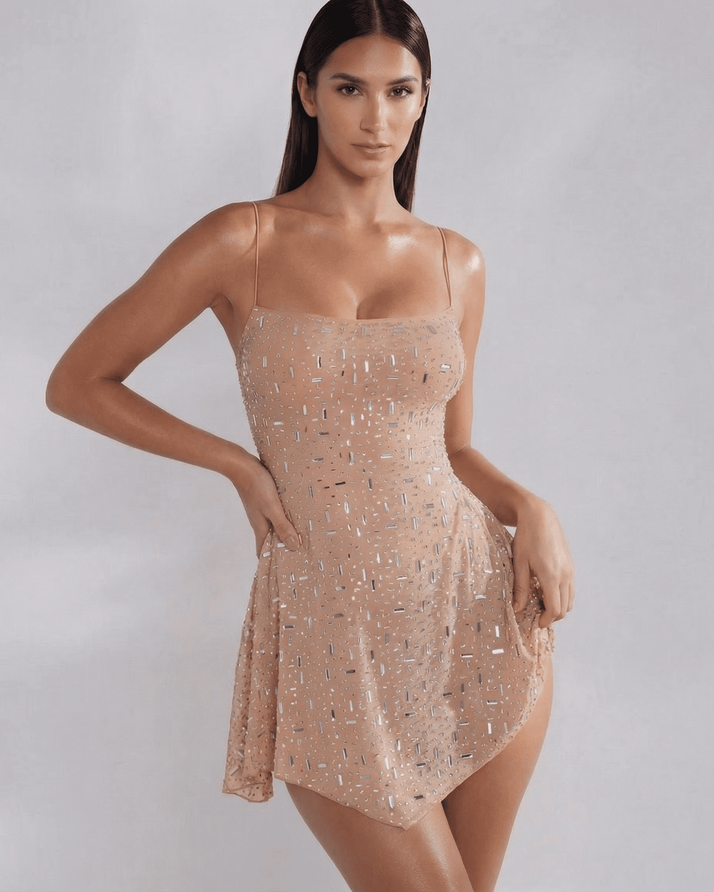 Nude Mermaid Square Neck Sleeveless Mini Dress | Formal Events & Night Out, front view | Ramblion | SKU: MMD-43827-nude-L-9633,MMD-43827-nude-M-3527,MMD-43827-nude-S-5073,MMD-43827-nude-XL-8812,MMD-43827-nude-XS-8084