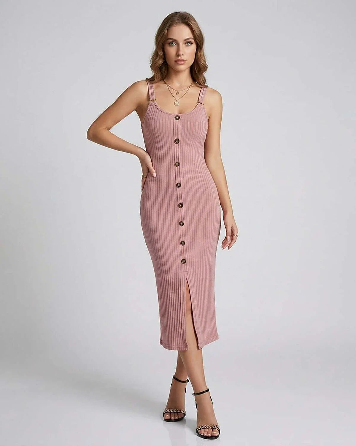 Blush Bodycon Round Neck Sleeveless Midi Dress | Prom, Cocktail Parties, Wedding Guest & Casual Outings, front view | Ramblio | SKU: SMD-482761905-blush-L-1959,SMD-482761905-blush-M-6852,SMD-482761905-blush-S-2852,SMD-482761905-blush-XL-7429,SMD-482761905-blush-XS-1848
