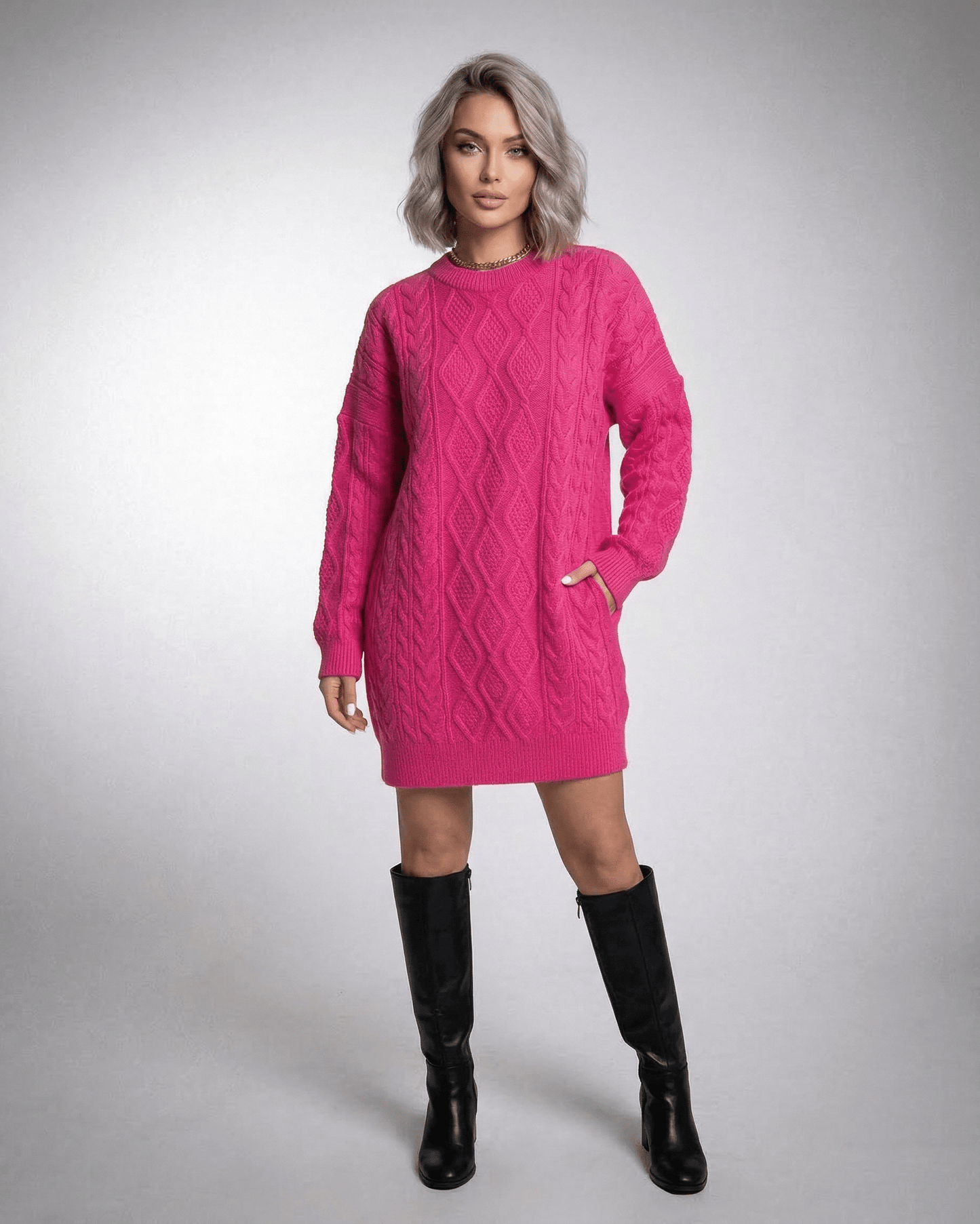 Pink Satin Bodycon Round Neck Long Sleeve Mini Dress | Prom & Casual Wear, front view | Ramblion | SKU: LMD-719382045-pink-L-7468,LMD-719382045-pink-M-6086,LMD-719382045-pink-S-3904,LMD-719382045-pink-XL-9359,LMD-719382045-pink-XS-6752