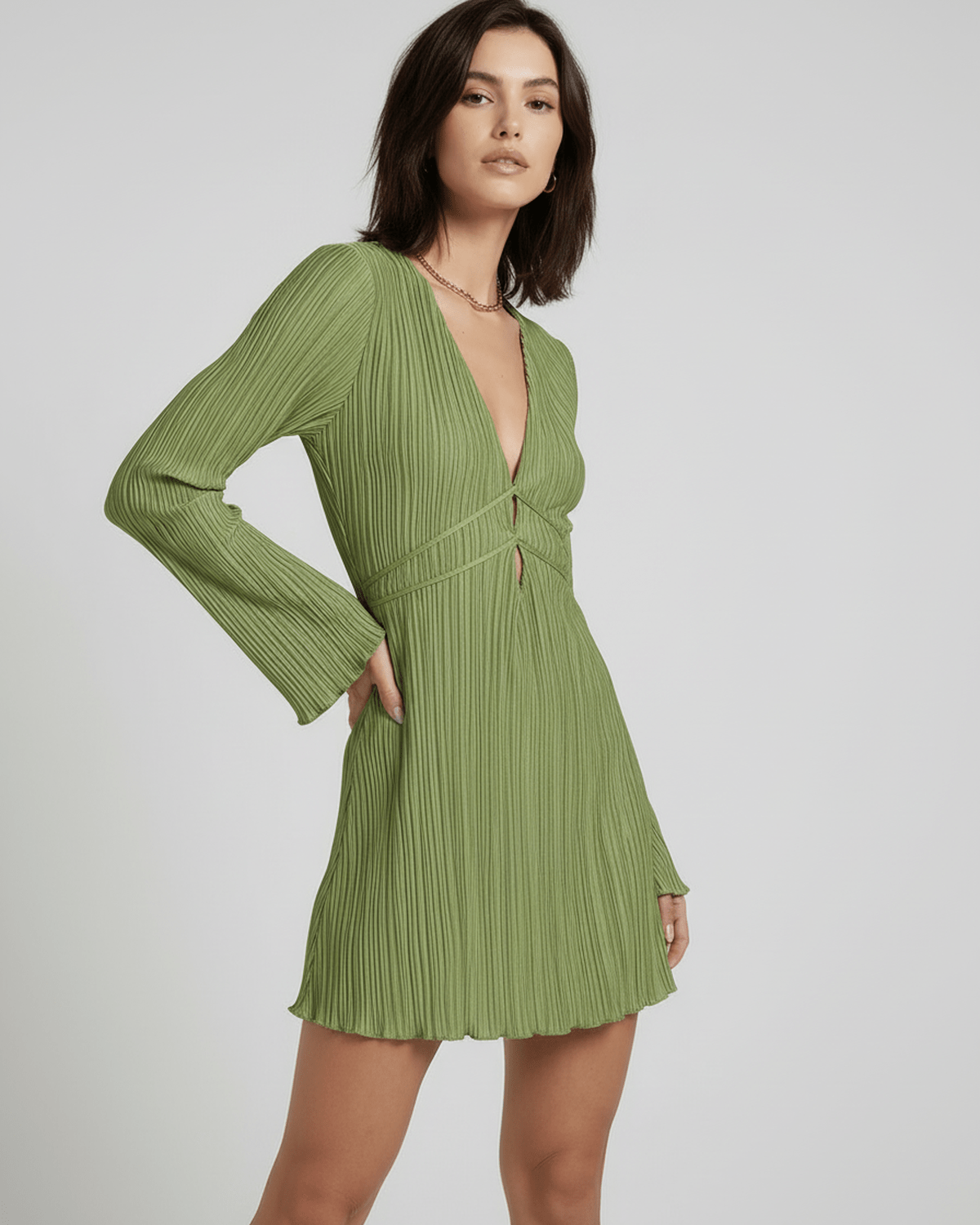 Olive Cotton A-line V-Neck Sleeveless Mini Dress | Formal Occasions, Night Out & Brunch, front view | Ramblion | SKU: OMD-743829156-olive-L-3328,OMD-743829156-olive-M-4495,OMD-743829156-olive-S-1321,OMD-743829156-olive-XL-5616,OMD-743829156-olive-XS-5082
