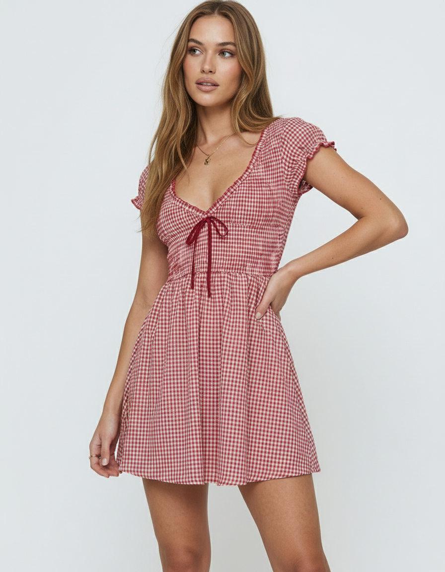 Evie Mini Dress by RAMBLION, red checkered pattern, relaxed fit, youthful charm, perfect for casual outings.