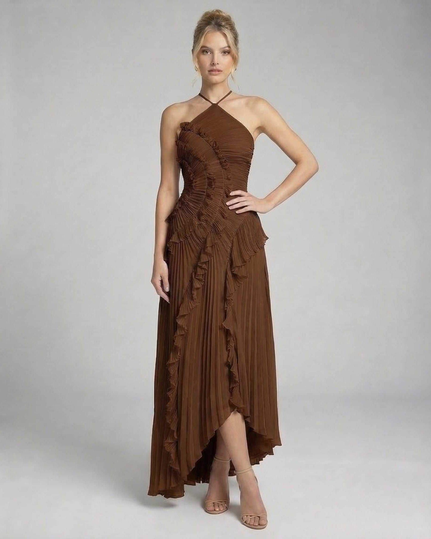 Brown Chiffon Bodycon Halter Sleeveless Maxi Dress | Gala Nights, Celebrations, Bridal Showers & Everyday Wear, front view | | SKU: SMX-759384102-brown-L-5931,SMX-759384102-brown-M-7011,SMX-759384102-brown-S-6478,SMX-759384102-brown-XL-7696,SMX-759384102-brown-XS-5428