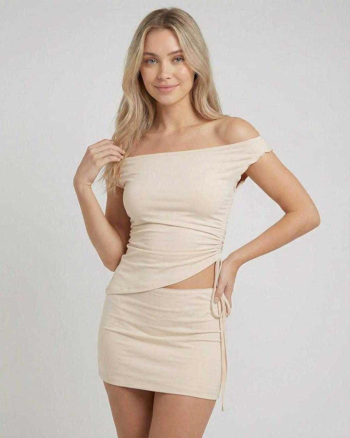Beige Cotton Bodycon Bardot Neck Sleeveless Mini Dress | Black-Tie Events, Cocktail Hour, Day-to-Night & Casual Wear, front v | SKU: EMD-67248-beige-L-4057,EMD-67248-beige-M-994,EMD-67248-beige-S-9555,EMD-67248-beige-XL-2991,EMD-67248-beige-XS-3780