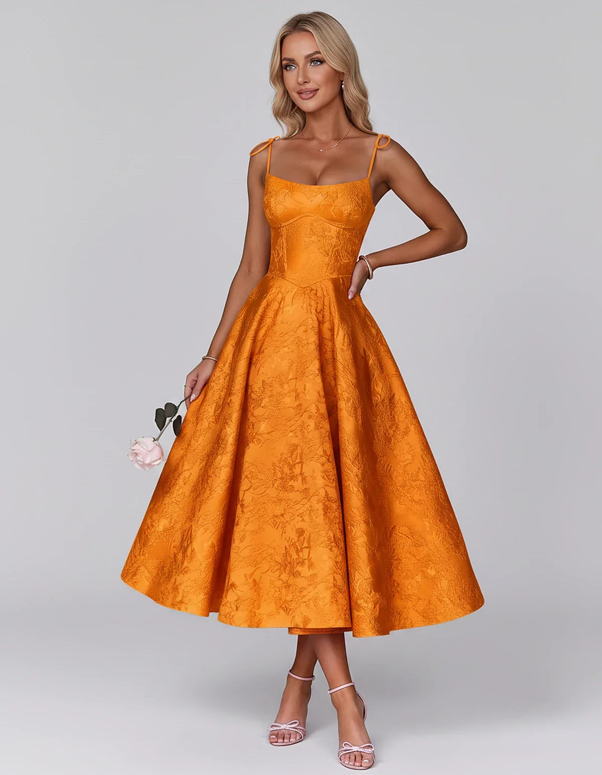 Floral Jacquard Satin Sleeveless Square Neck A-Line Midi Dress for Party, Cocktail, Evening, Wedding Guest, Prom & Summer Eve | SKU: LD-481950274613582-ORANGE-L,LD-481950274613582-ORANGE-M,LD-481950274613582-ORANGE-S,LD-481950274613582-ORANGE-XL,LD-481950274613582-ORANGE-XS