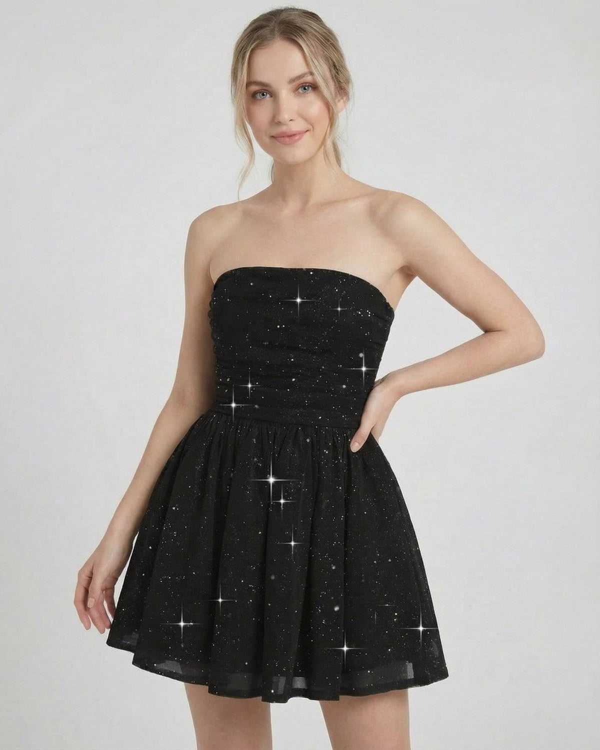 Black A-line Strapless Mini Dress | Formal Occasions & Night Out, front view | Ramblion | SKU: LMD-58291-black-L-8507,LMD-58291-black-M-4884,LMD-58291-black-S-6931,LMD-58291-black-XL-5127,LMD-58291-black-XS-4917