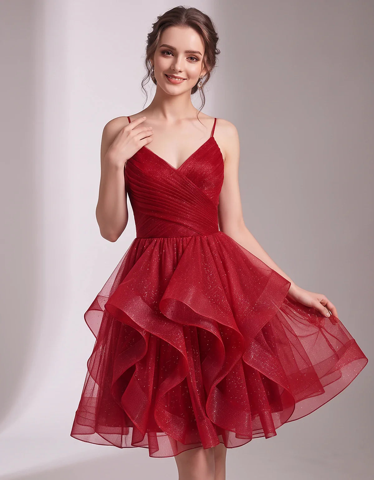 Glitter Tulle Satin Sleeveless V-Neck A-Line Mini Dress for Party, Prom, Cocktail, Evening, Summer & Wedding Guest Events | R | SKU: CMD-581426903715842-RED-L,CMD-581426903715842-RED-M,CMD-581426903715842-RED-S,CMD-581426903715842-RED-XL,CMD-581426903715842-RED-XS
