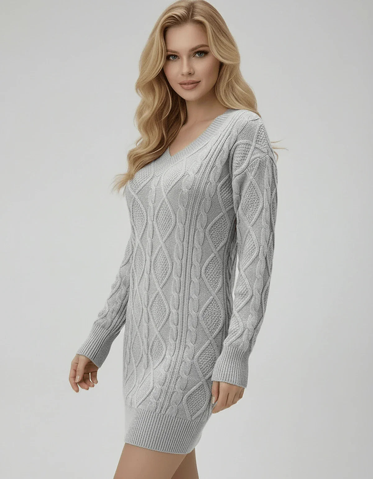 Gray Bodycon V-Neck Long Sleeve Mini Dress | Party Nights & Guest of Wedding, front view | Ramblion | SKU: SMD-293847561-gray-L-5567,SMD-293847561-gray-M-5359,SMD-293847561-gray-S-6294,SMD-293847561-gray-XL-7780,SMD-293847561-gray-XS-3899