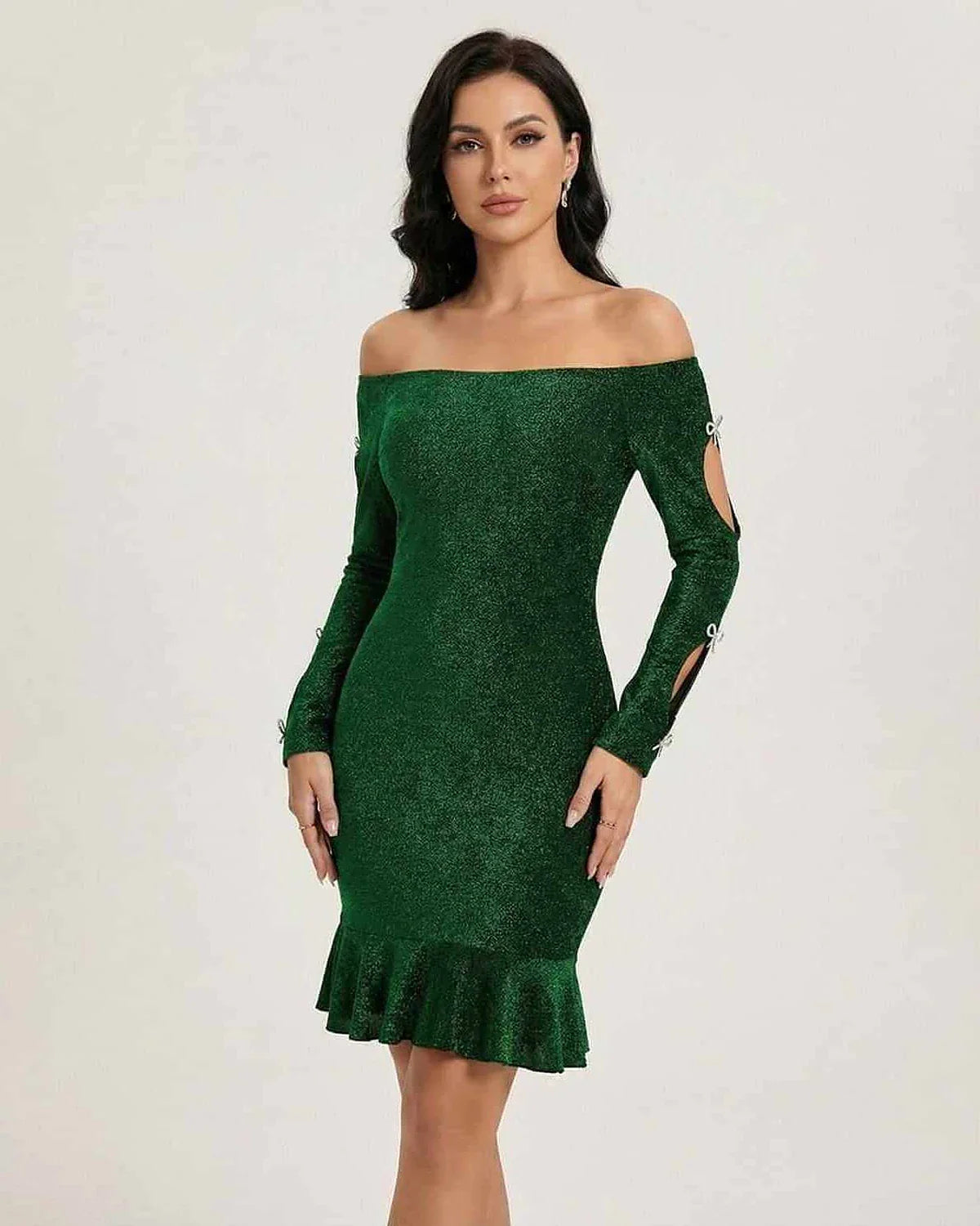 Green Cotton Bodycon Round Neck Long Sleeve Mini Dress | Evening Events, Evening Parties & Day-to-Night, front view | Ramblio | SKU: EMD-39274-green-L-155,EMD-39274-green-M-8971,EMD-39274-green-S-1595,EMD-39274-green-XL-5699,EMD-39274-green-XS-8246