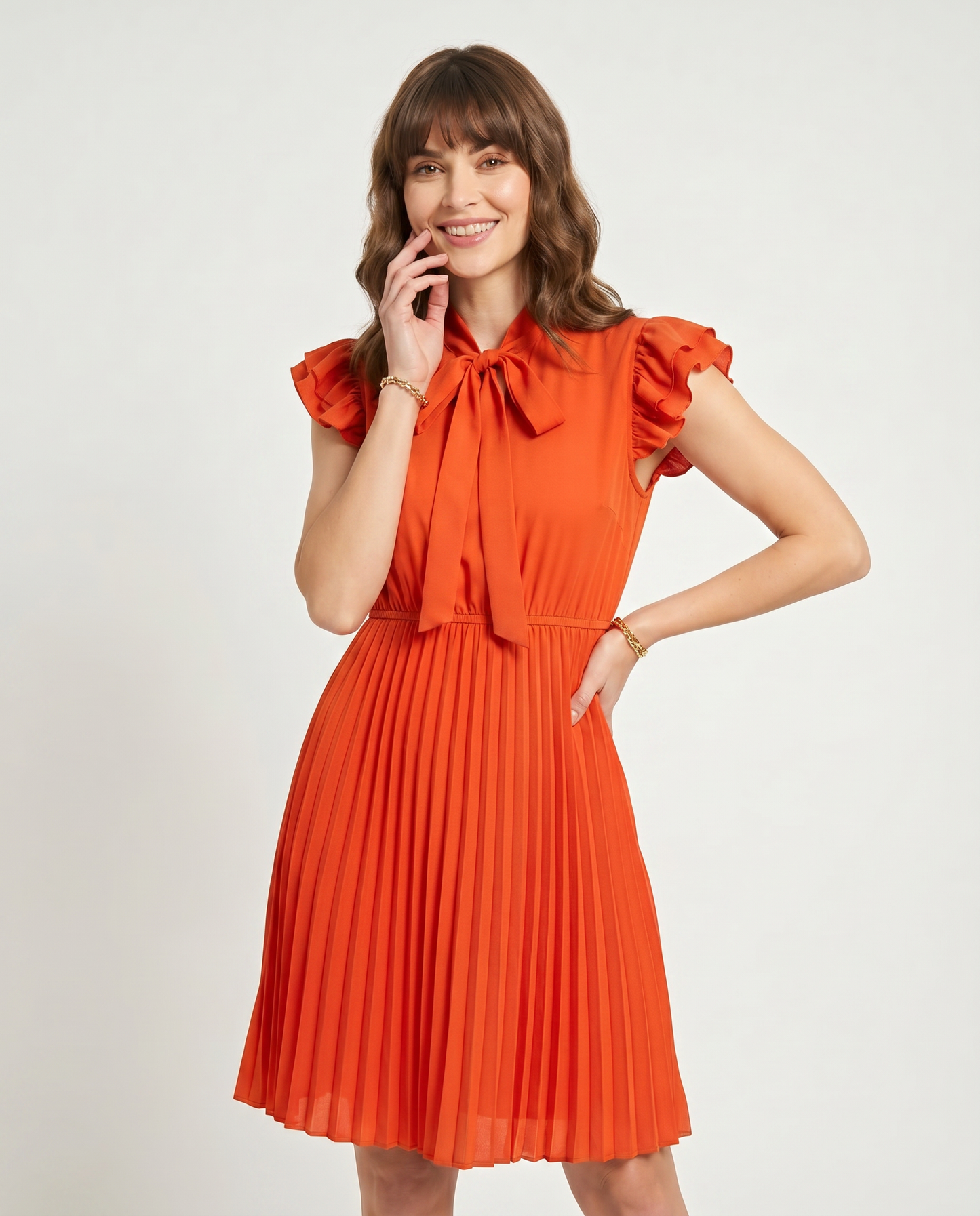 Chiffon Blend Ruffle Sleeve Tie-Neck Pleated A-Line Mini Dress for Party, Cocktail, Evening, Summer & Wedding Guest Events, f | SKU: VMD-583920174618527-ORANGE-L,VMD-583920174618527-ORANGE-M,VMD-583920174618527-ORANGE-S,VMD-583920174618527-ORANGE-XL,VMD-583920174618527-ORANGE-XS