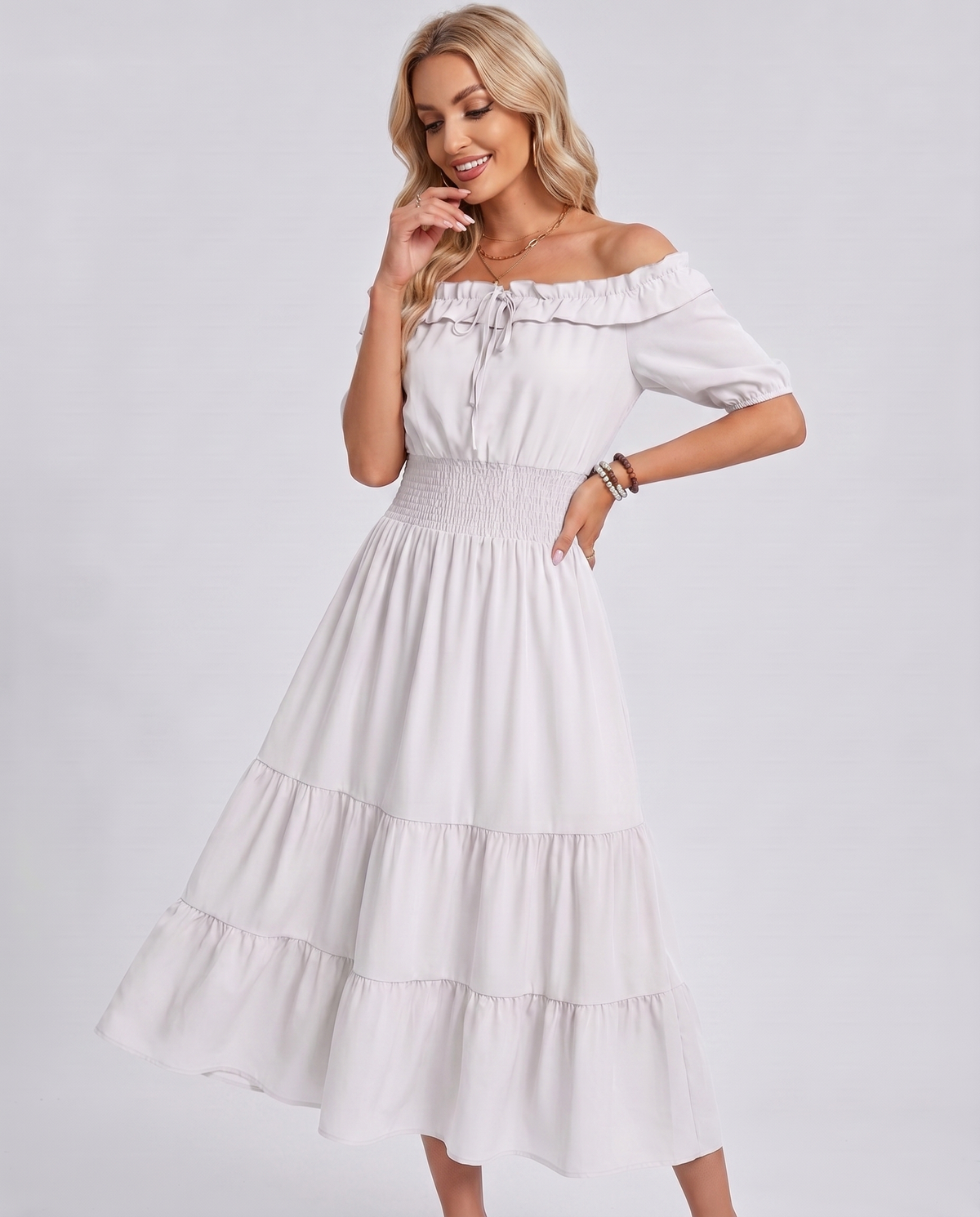 Lightweight Woven Short Sleeve Off-Shoulder A-Line Midi Dress for Party, Cocktail, Evening, Wedding Guest & Summer Events, fr | SKU: VD-582741963851274-WHITE-L,VD-582741963851274-WHITE-M,VD-582741963851274-WHITE-S,VD-582741963851274-WHITE-XL,VD-582741963851274-WHITE-XS