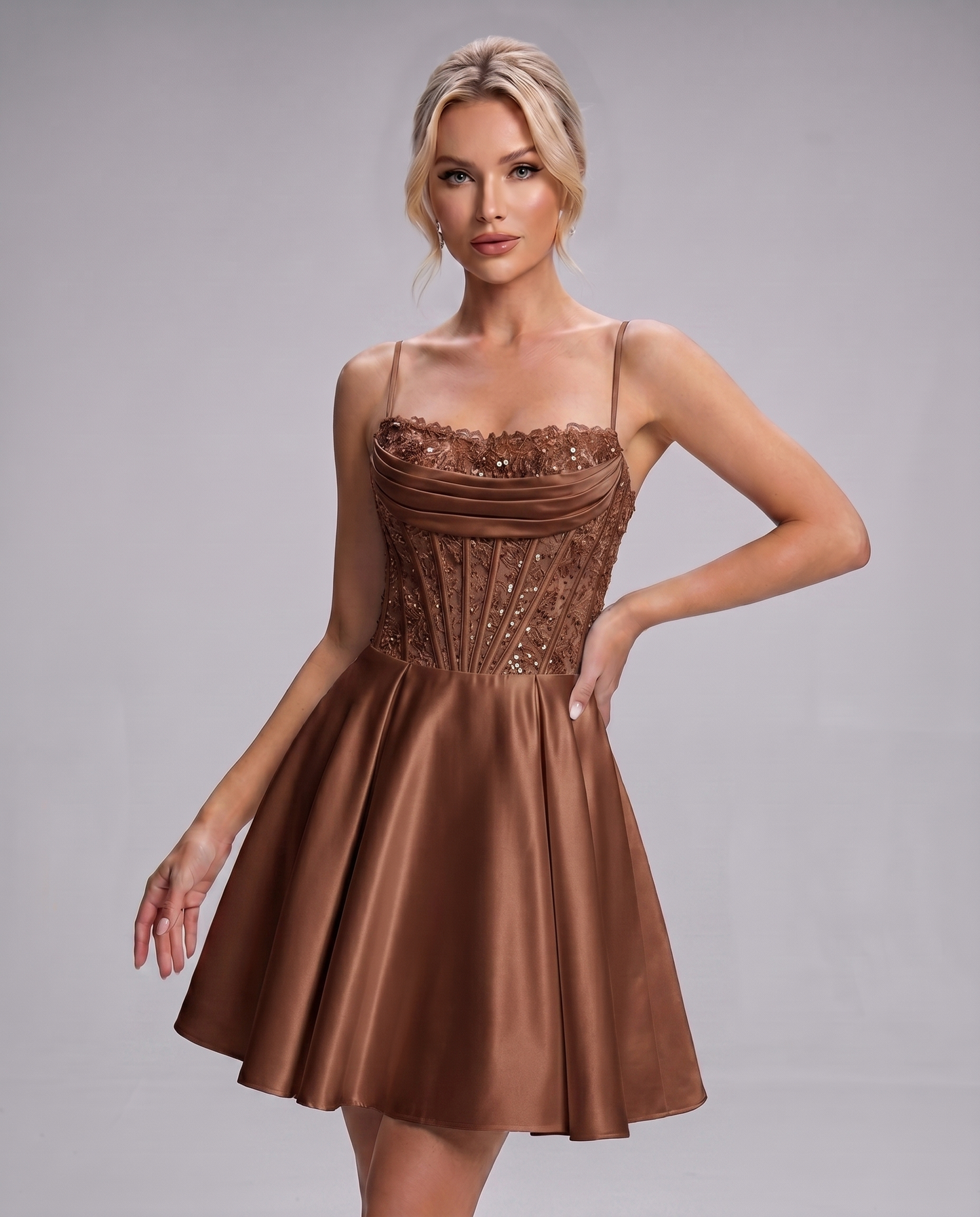 Satin Sequin Lace Spaghetti Strap Square Neck A-Line Mini Dress for Party, Cocktail, Evening, Homecoming, Wedding Guest & Sum