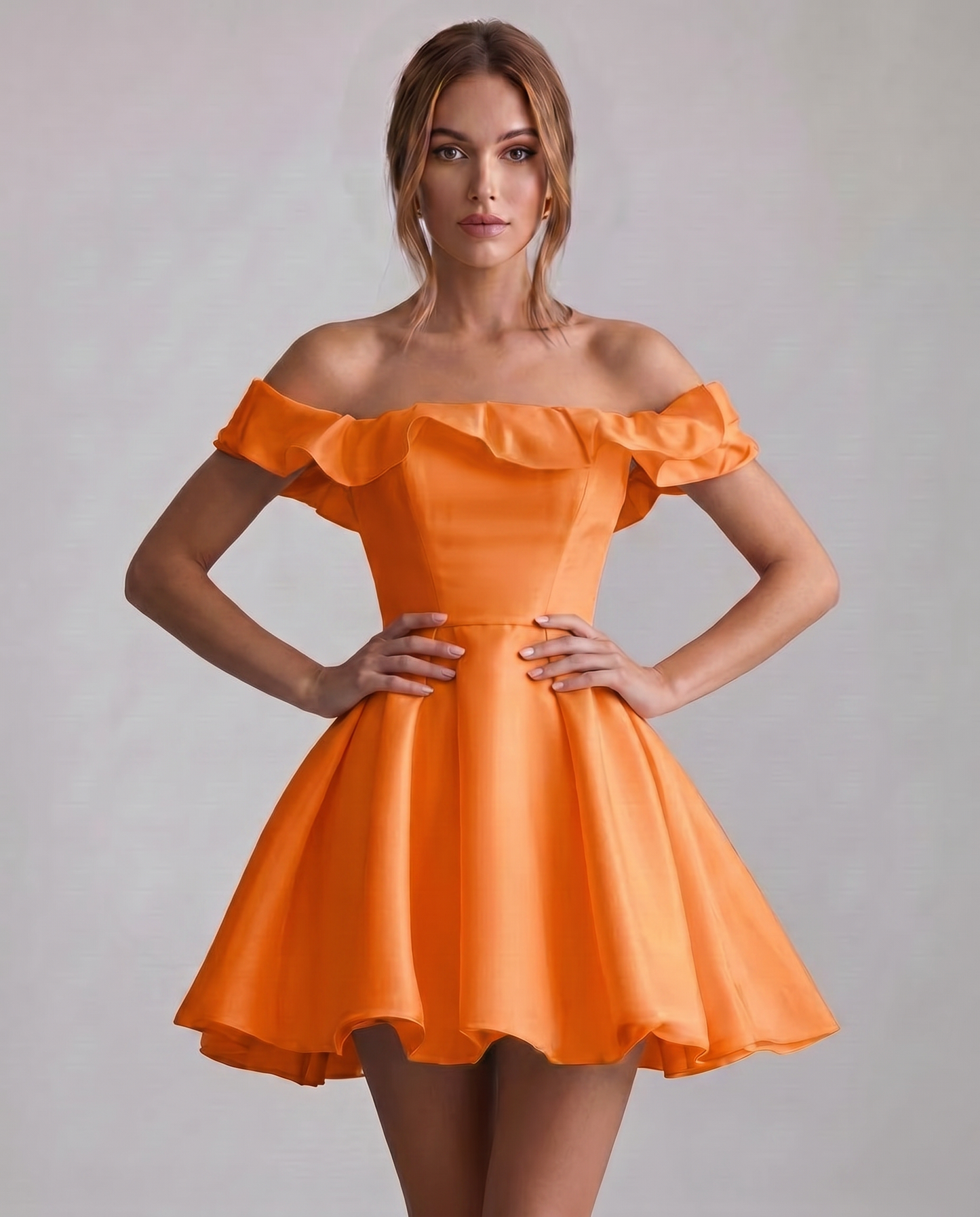 Satin Off-the-Shoulder Ruffle Sleeve A-Line Mini Dress for Party, Cocktail, Evening, Wedding Guest, Homecoming & Summer Event | SKU: VM-583920174628451-ORANGE-L,VM-583920174628451-ORANGE-M,VM-583920174628451-ORANGE-S,VM-583920174628451-ORANGE-XL,VM-583920174628451-ORANGE-XS